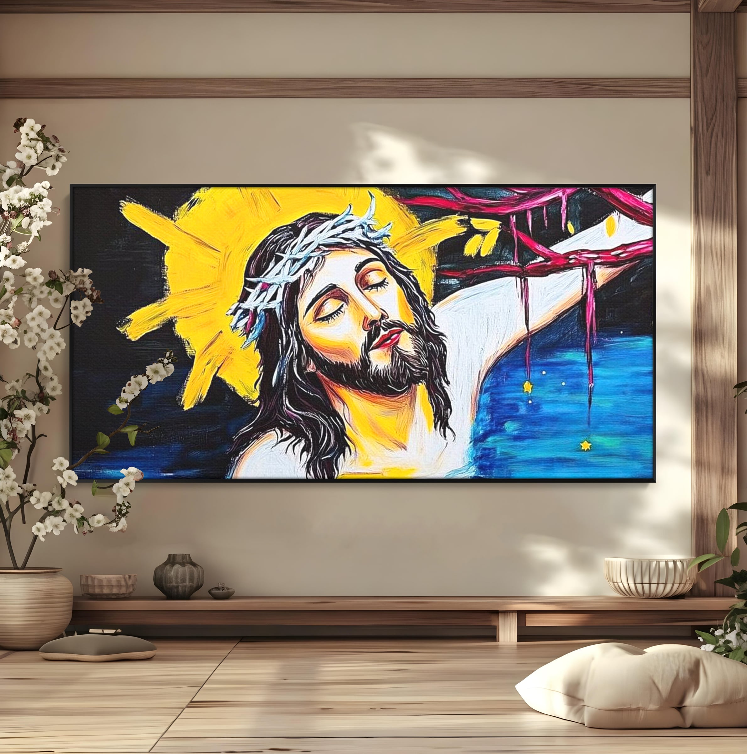 Tablou Canvas Premium LuxCanva® H1054, Jertfa si Lumina, Iisus, Sacrificiu, Iertare, Lumina, Sange, Apa, Ramuri, Coroana, Arta Religioasa Moderna, Living, Dormitor