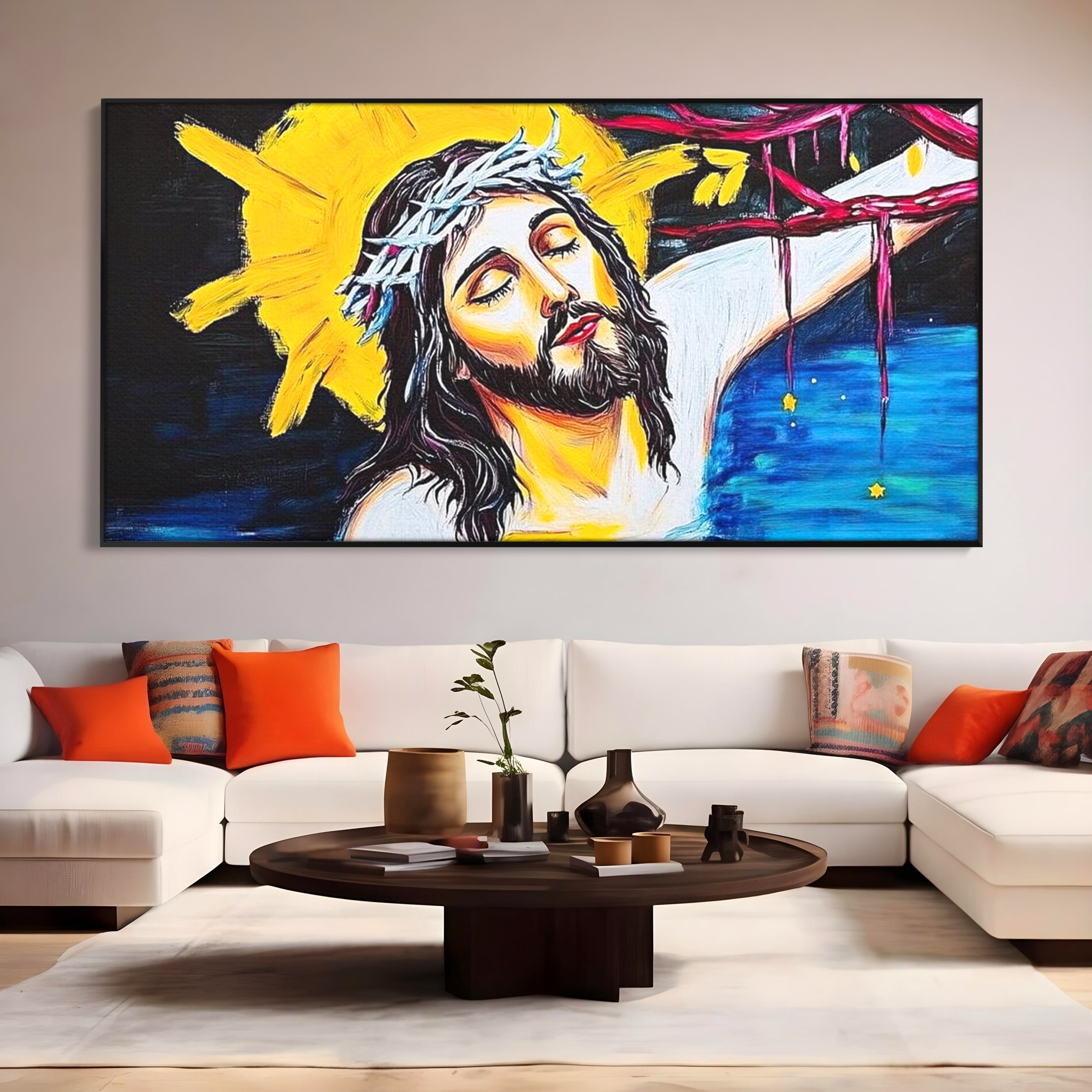 Tablou Canvas Premium LuxCanva® H1054, Jertfa si Lumina, Iisus, Sacrificiu, Iertare, Lumina, Sange, Apa, Ramuri, Coroana, Arta Religioasa Moderna, Living, Dormitor
