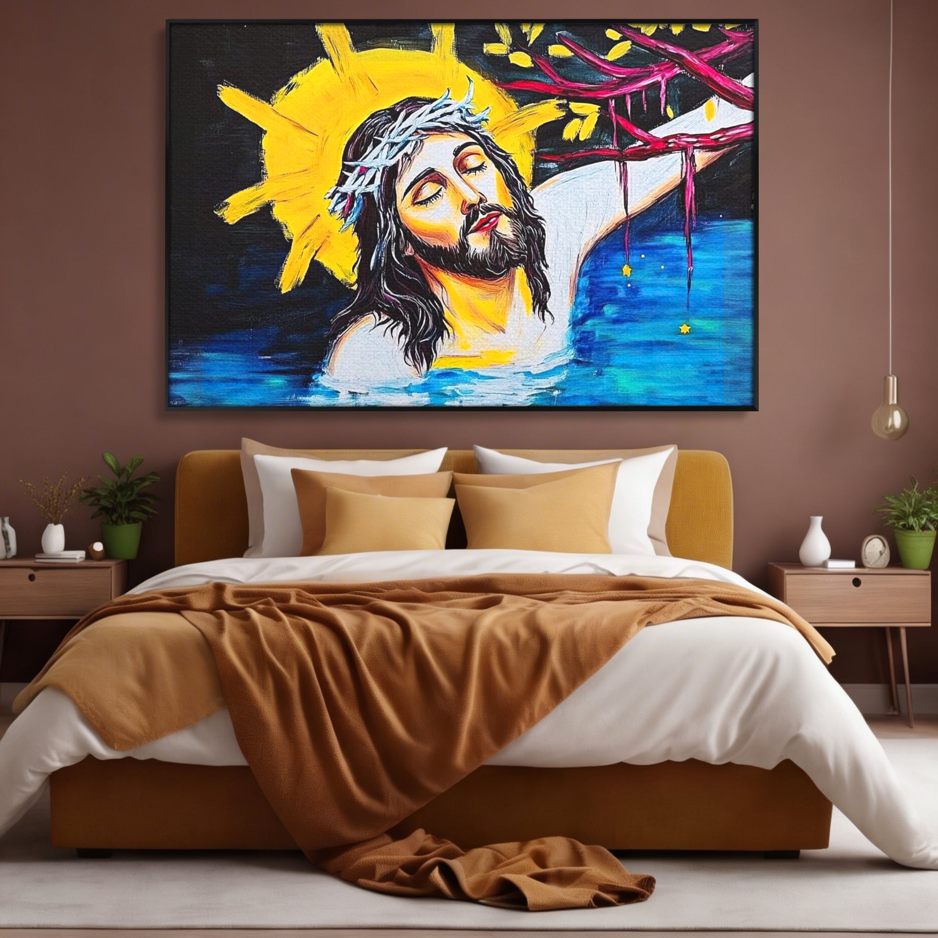 Tablou Canvas Premium LuxCanva® H1054, Jertfa si Lumina, Iisus, Sacrificiu, Iertare, Lumina, Sange, Apa, Ramuri, Coroana, Arta Religioasa Moderna, Living, Dormitor