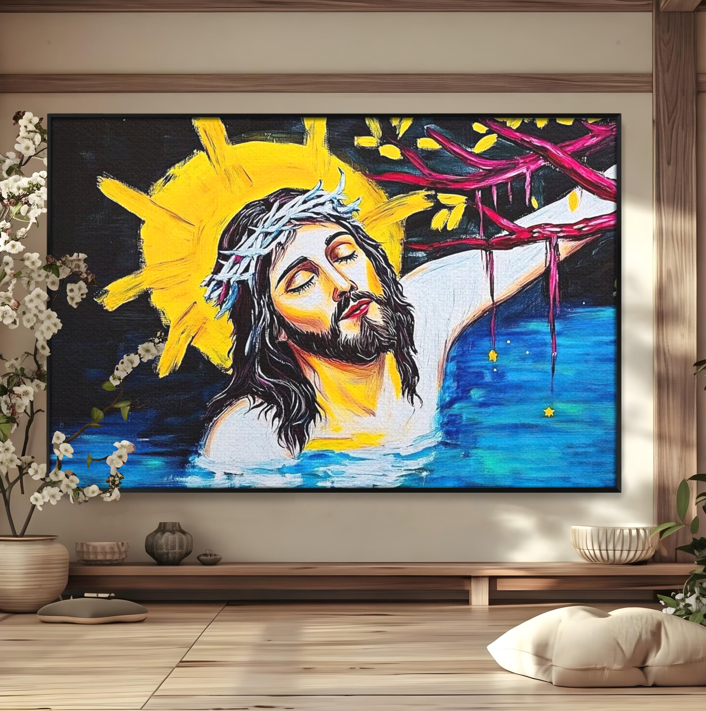 Tablou Canvas Premium LuxCanva® H1054, Jertfa si Lumina, Iisus, Sacrificiu, Iertare, Lumina, Sange, Apa, Ramuri, Coroana, Arta Religioasa Moderna, Living, Dormitor