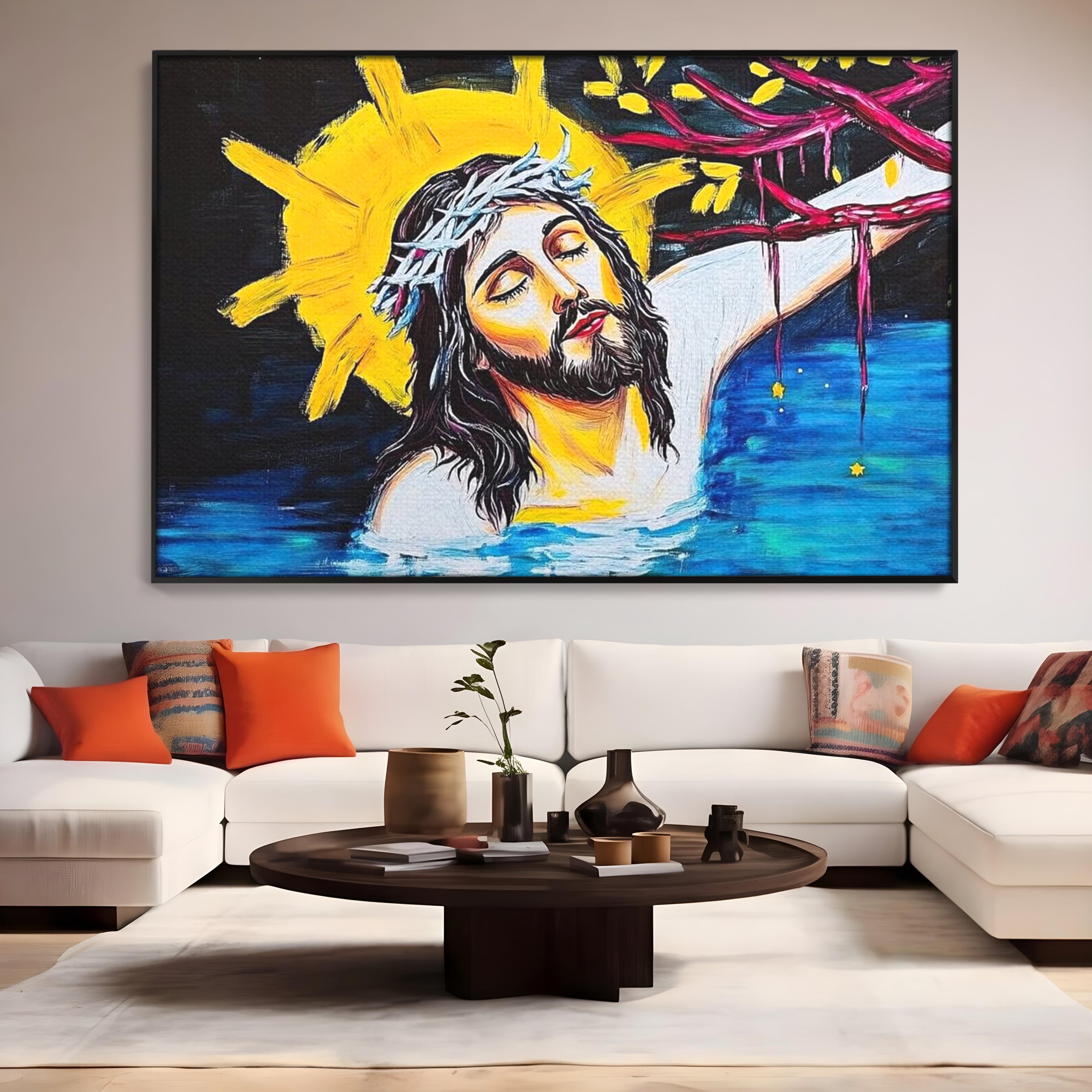 Tablou Canvas Premium LuxCanva® H1054, Jertfa si Lumina, Iisus, Sacrificiu, Iertare, Lumina, Sange, Apa, Ramuri, Coroana, Arta Religioasa Moderna, Living, Dormitor