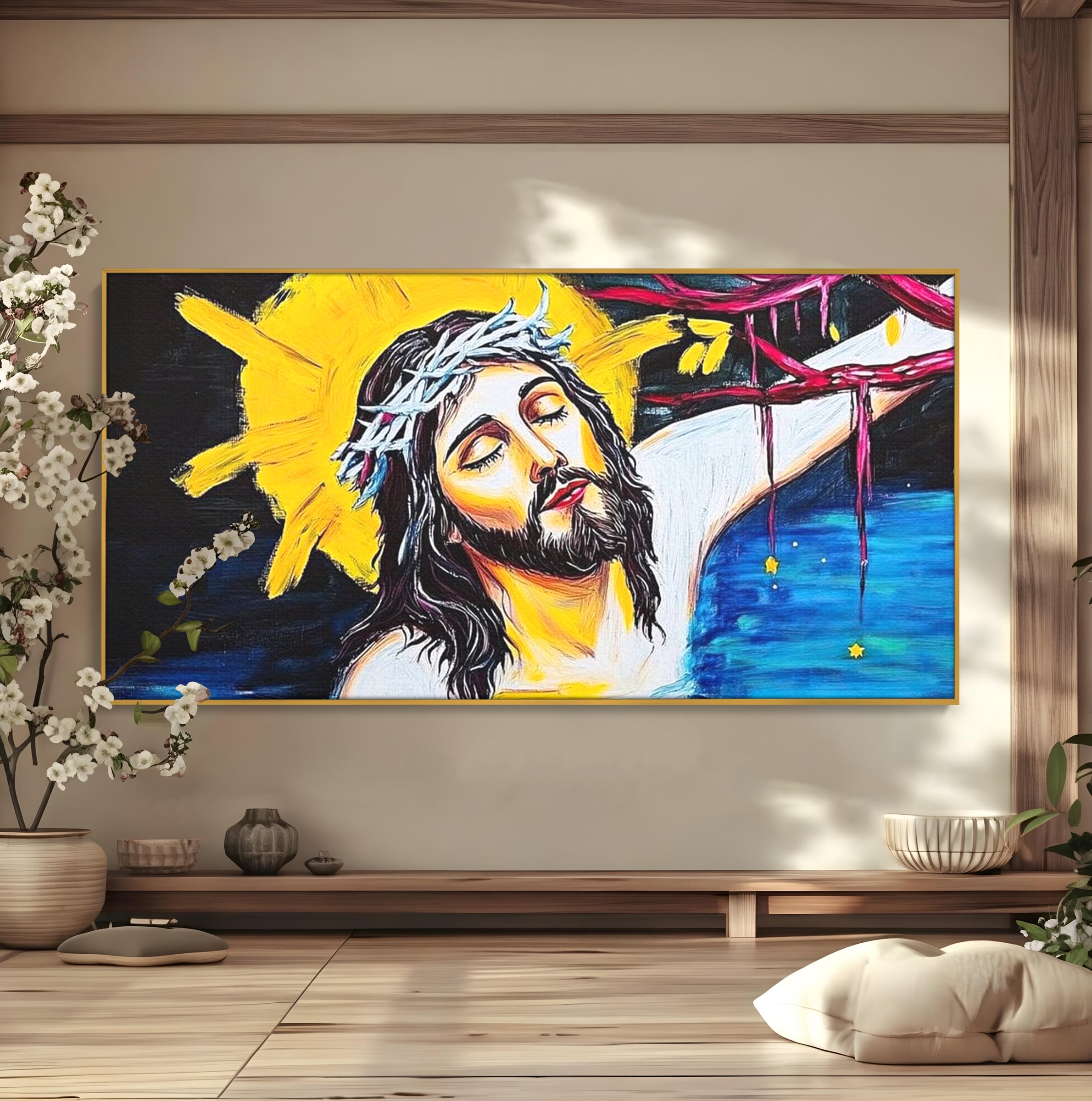 Tablou Canvas Premium LuxCanva® H1054, Jertfa si Lumina, Iisus, Sacrificiu, Iertare, Lumina, Sange, Apa, Ramuri, Coroana, Arta Religioasa Moderna, Living, Dormitor
