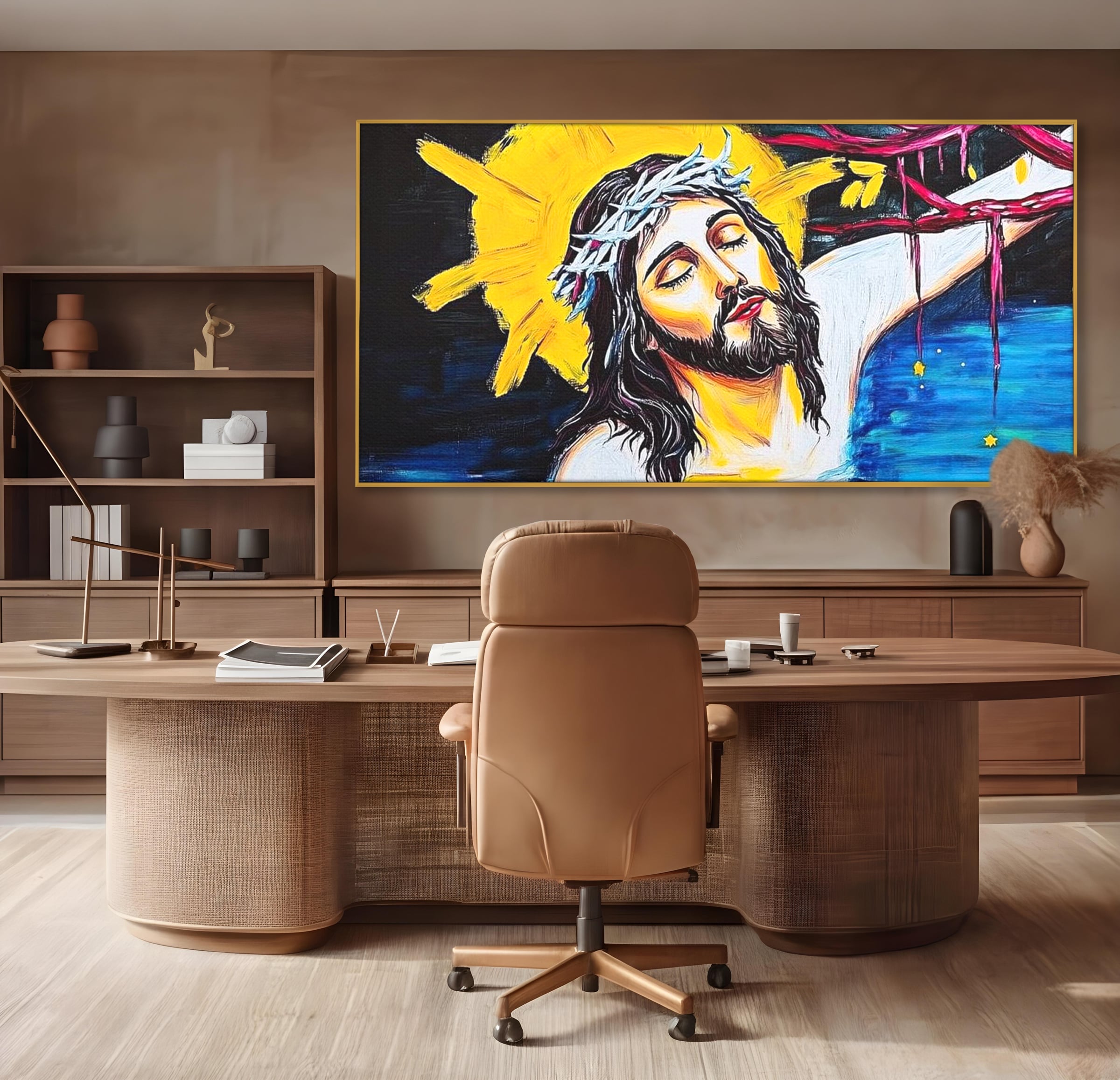 Tablou Canvas Premium LuxCanva® H1054, Jertfa si Lumina, Iisus, Sacrificiu, Iertare, Lumina, Sange, Apa, Ramuri, Coroana, Arta Religioasa Moderna, Living, Dormitor