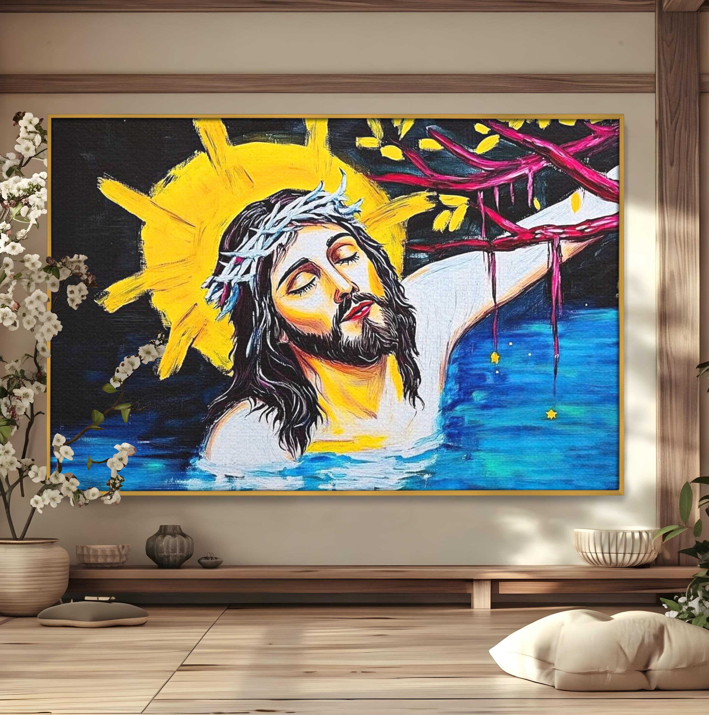 Tablou Canvas Premium LuxCanva® H1054, Jertfa si Lumina, Iisus, Sacrificiu, Iertare, Lumina, Sange, Apa, Ramuri, Coroana, Arta Religioasa Moderna, Living, Dormitor