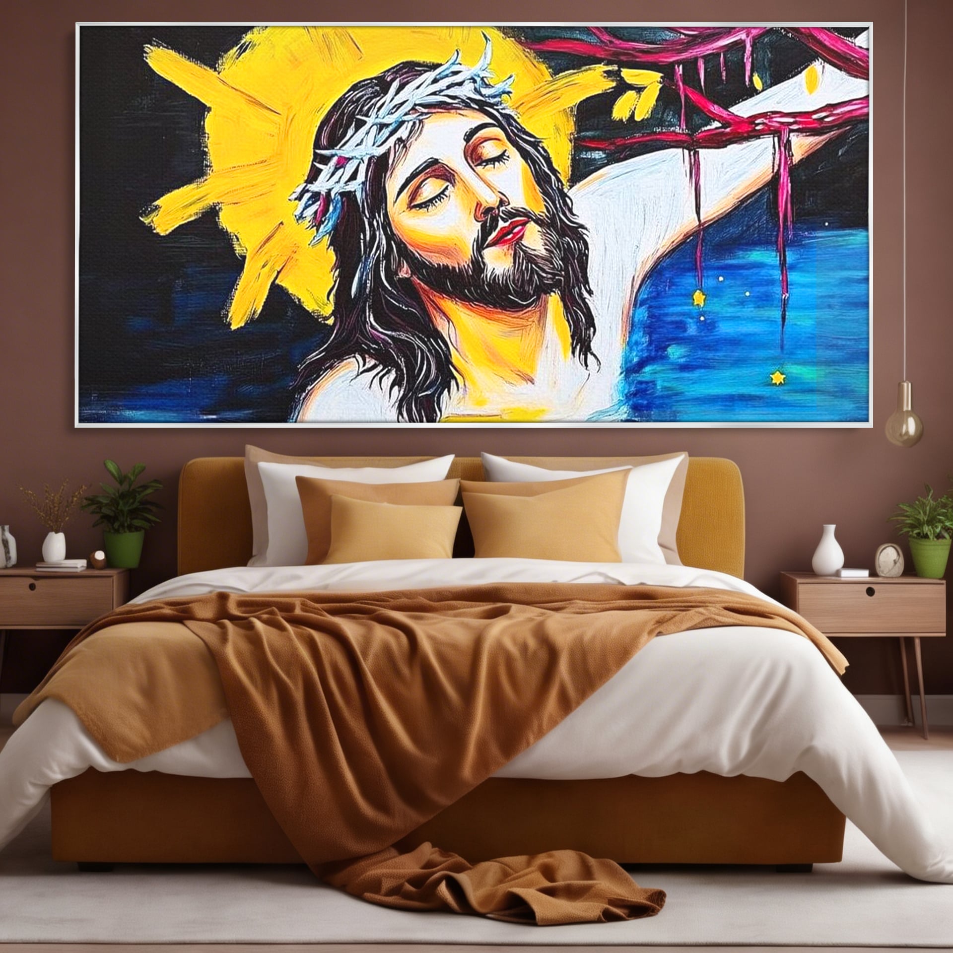 Tablou Canvas Premium LuxCanva® H1054, Jertfa si Lumina, Iisus, Sacrificiu, Iertare, Lumina, Sange, Apa, Ramuri, Coroana, Arta Religioasa Moderna, Living, Dormitor