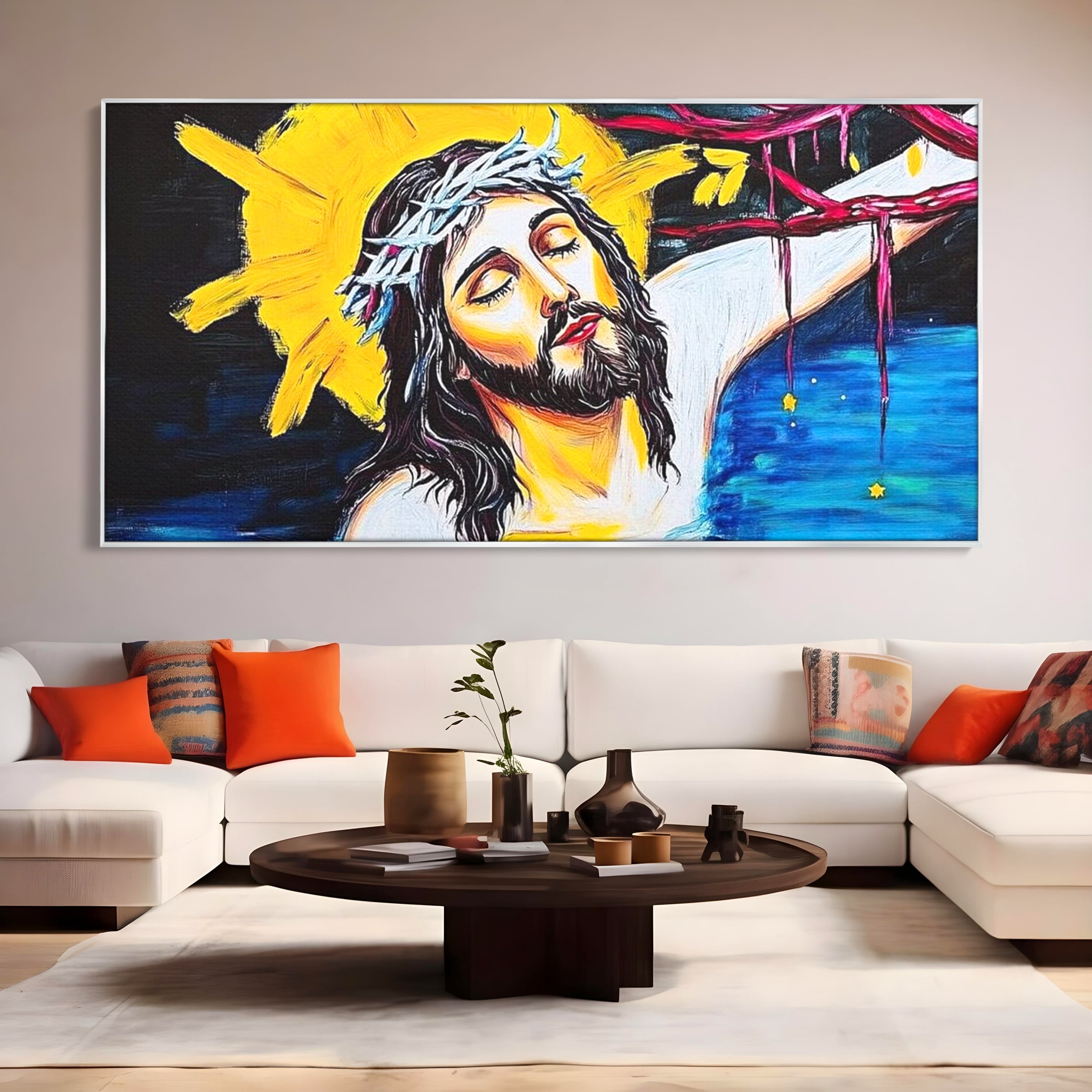Tablou Canvas Premium LuxCanva® H1054, Jertfa si Lumina, Iisus, Sacrificiu, Iertare, Lumina, Sange, Apa, Ramuri, Coroana, Arta Religioasa Moderna, Living, Dormitor