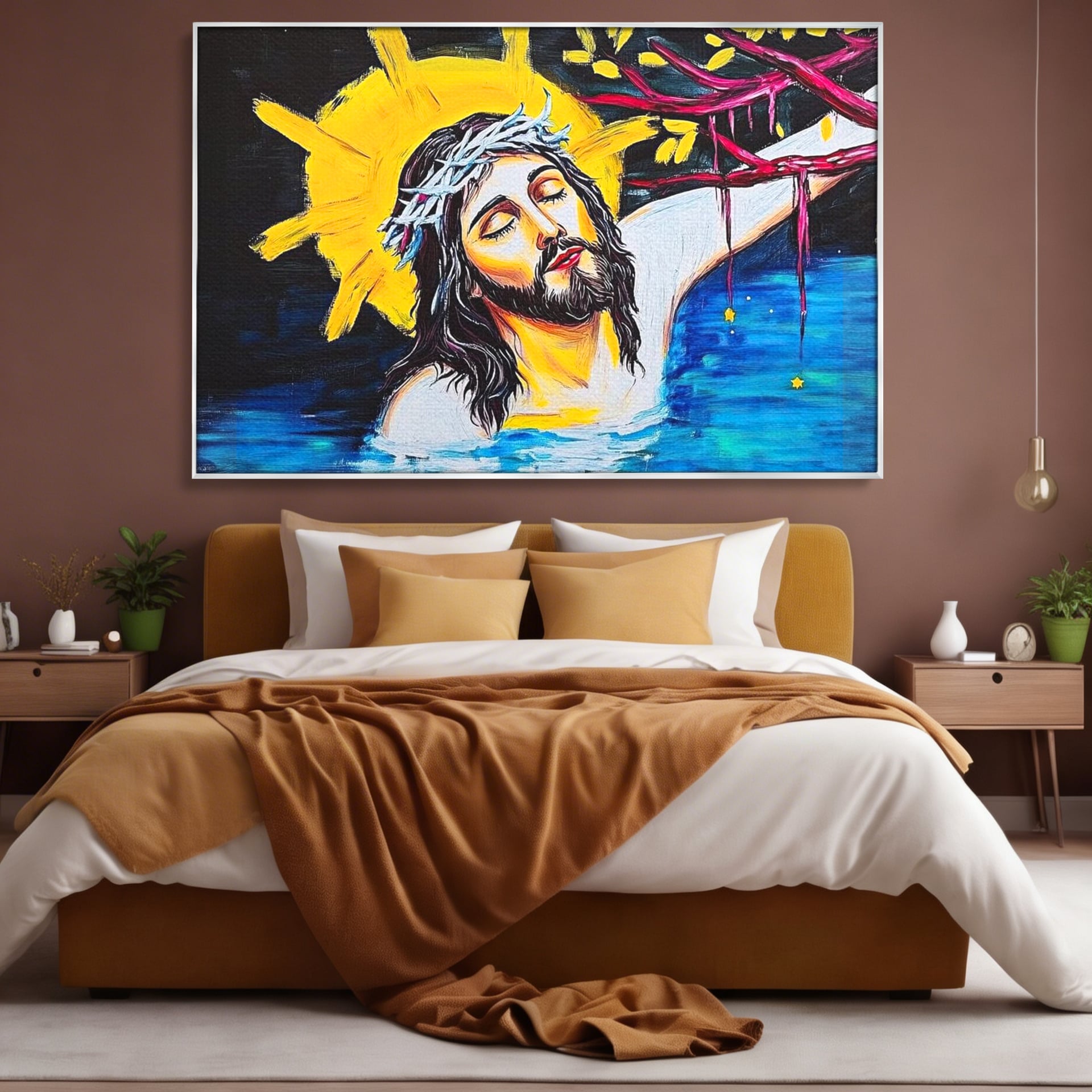 Tablou Canvas Premium LuxCanva® H1054, Jertfa si Lumina, Iisus, Sacrificiu, Iertare, Lumina, Sange, Apa, Ramuri, Coroana, Arta Religioasa Moderna, Living, Dormitor