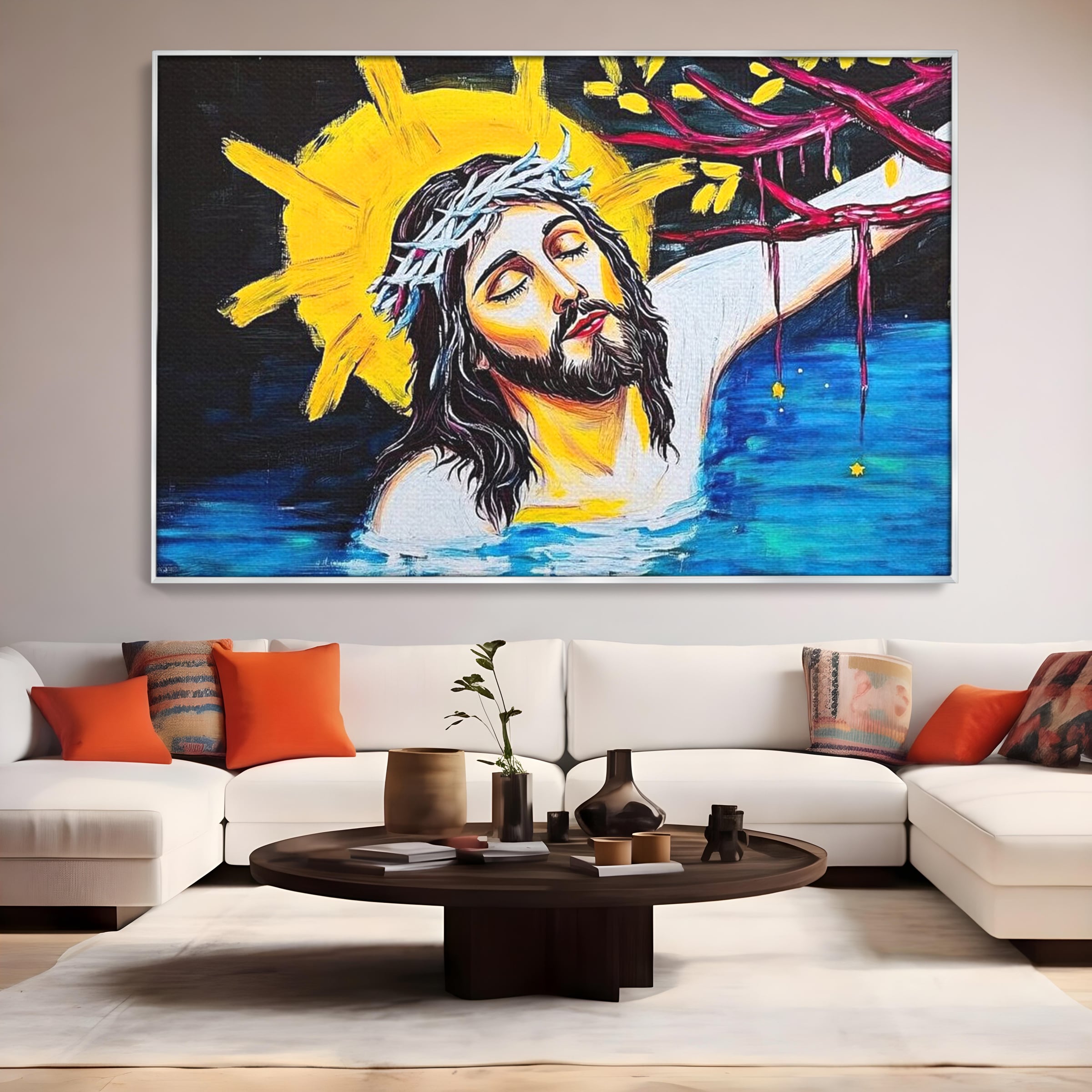 Tablou Canvas Premium LuxCanva® H1054, Jertfa si Lumina, Iisus, Sacrificiu, Iertare, Lumina, Sange, Apa, Ramuri, Coroana, Arta Religioasa Moderna, Living, Dormitor