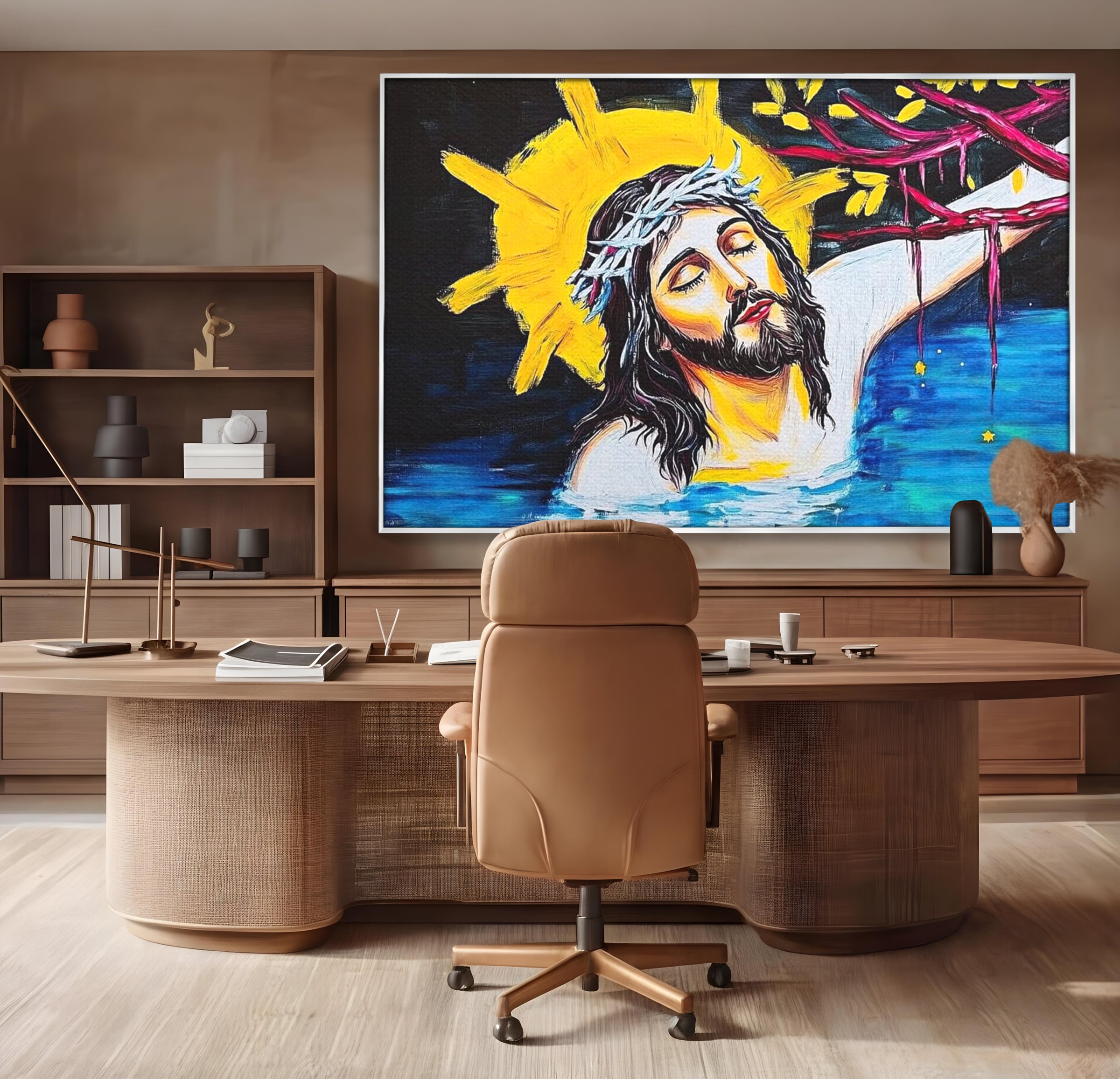 Tablou Canvas Premium LuxCanva® H1054, Jertfa si Lumina, Iisus, Sacrificiu, Iertare, Lumina, Sange, Apa, Ramuri, Coroana, Arta Religioasa Moderna, Living, Dormitor