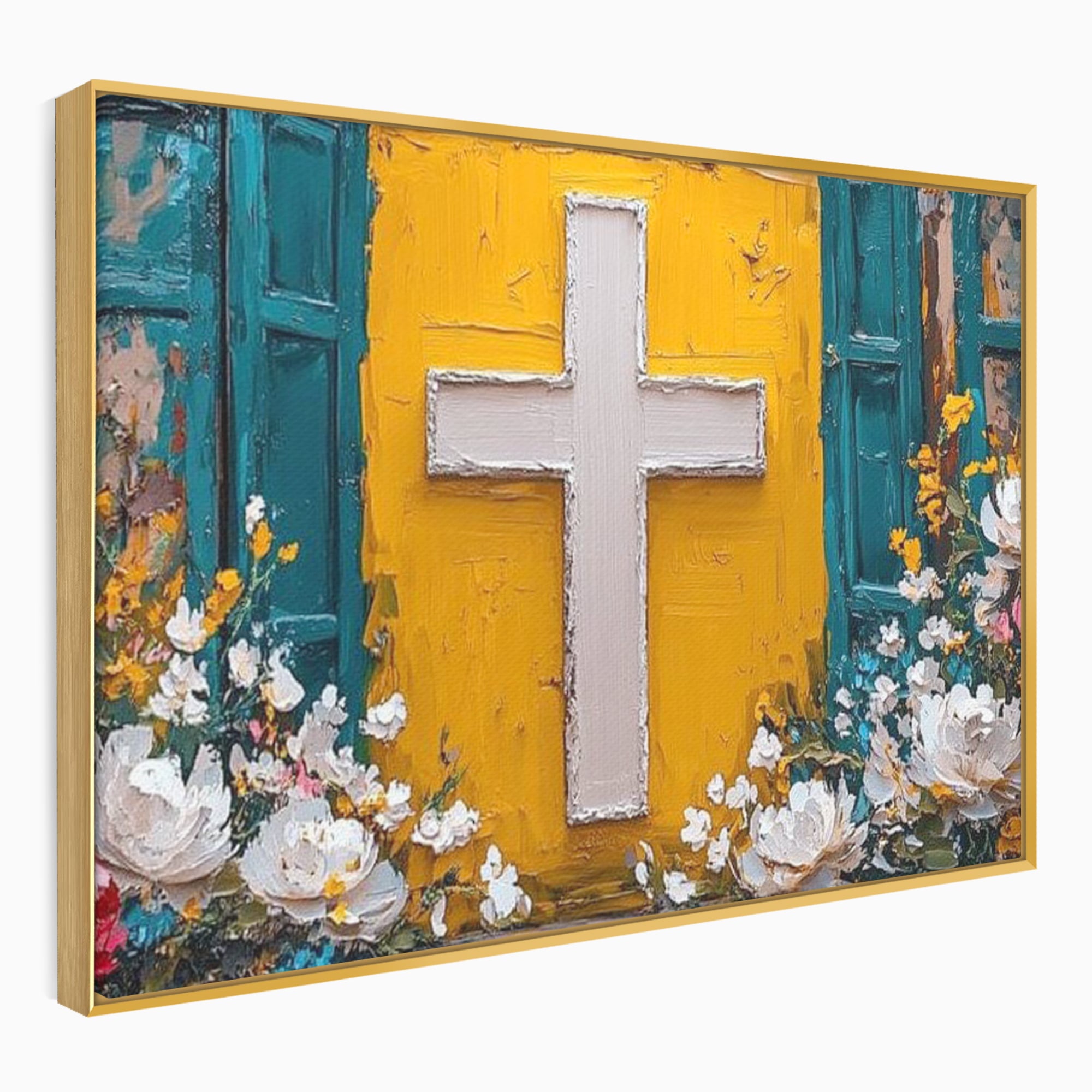 Tablou Canvas Premium LuxCanva® H1057, Evlavie Florala, Credinta, Cruce, Flori, Gradina, Lumina, Rasarit, Speranta, Puritate, Spiritualitate, Simbol Sacru, Living, Dormitor