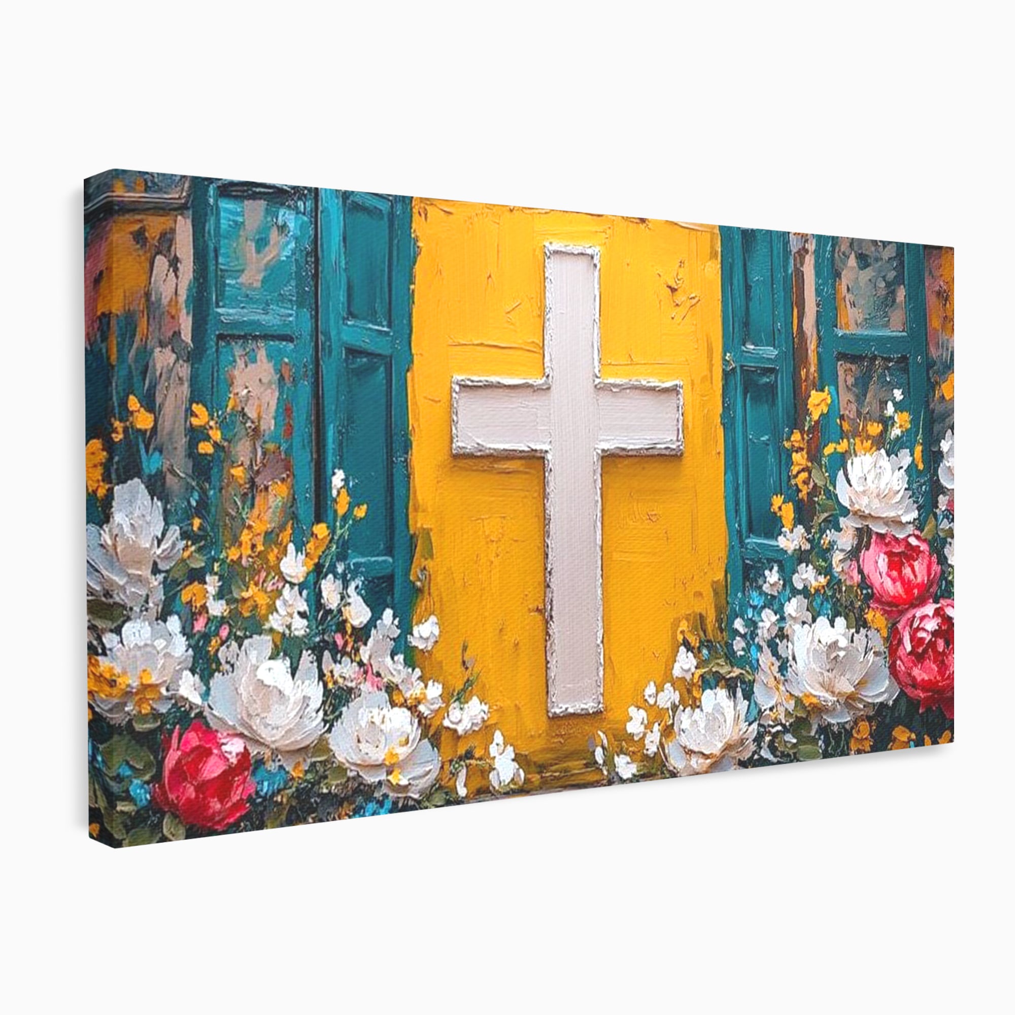 Tablou Canvas Premium LuxCanva® H1057, Evlavie Florala, Credinta, Cruce, Flori, Gradina, Lumina, Rasarit, Speranta, Puritate, Spiritualitate, Simbol Sacru, Living, Dormitor