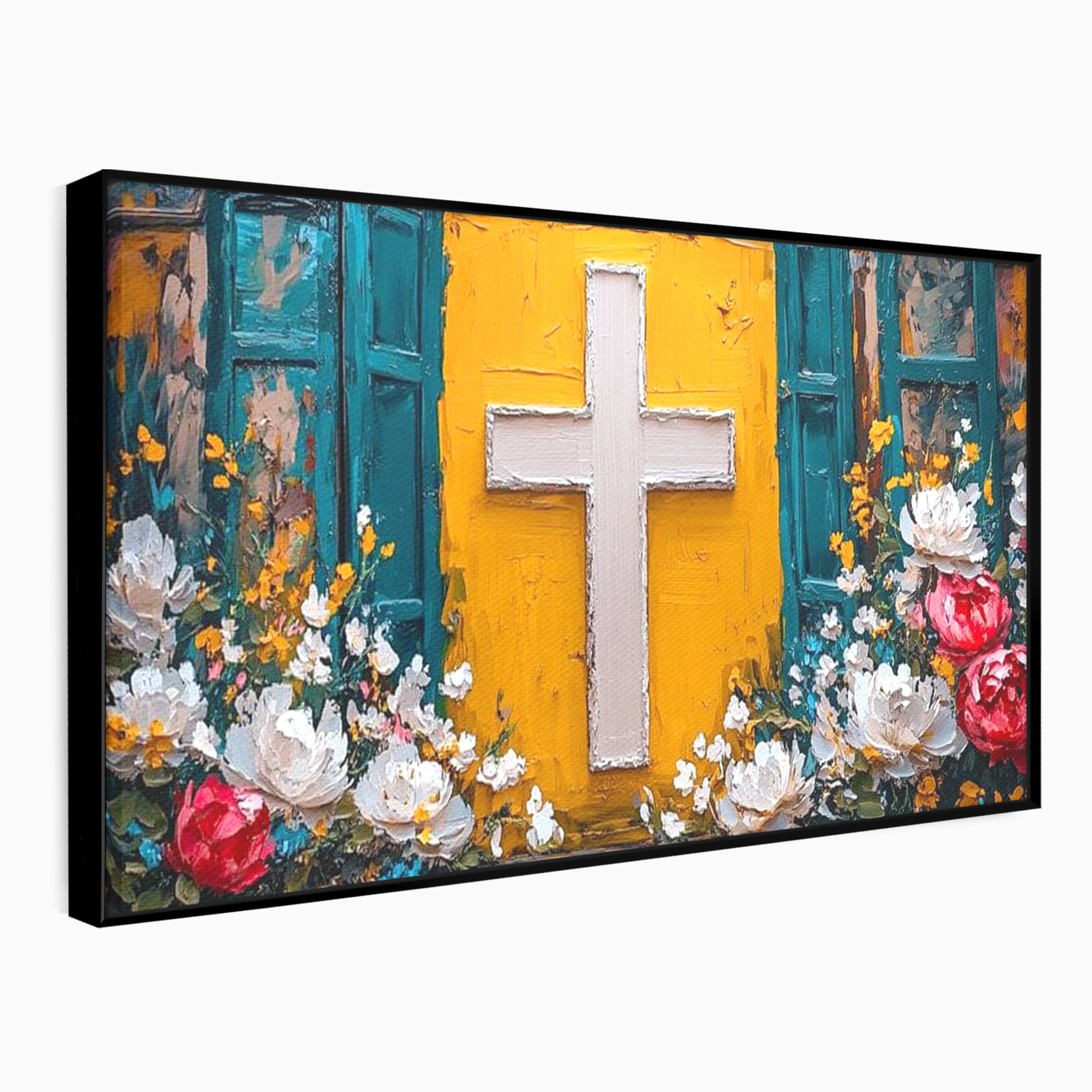 Tablou Canvas Premium LuxCanva® H1057, Evlavie Florala, Credinta, Cruce, Flori, Gradina, Lumina, Rasarit, Speranta, Puritate, Spiritualitate, Simbol Sacru, Living, Dormitor