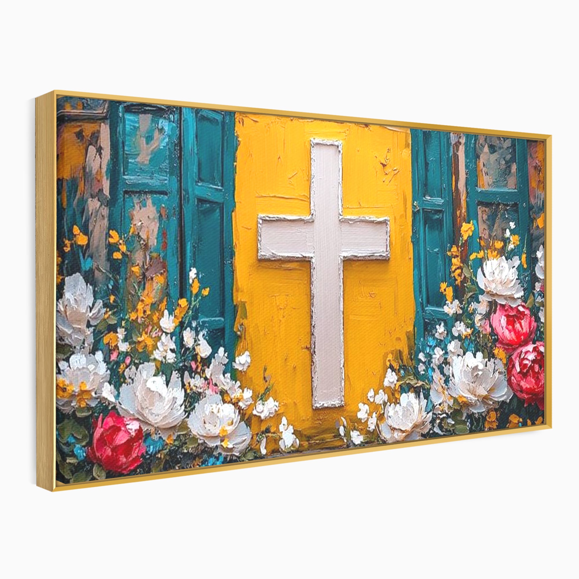 Tablou Canvas Premium LuxCanva® H1057, Evlavie Florala, Credinta, Cruce, Flori, Gradina, Lumina, Rasarit, Speranta, Puritate, Spiritualitate, Simbol Sacru, Living, Dormitor