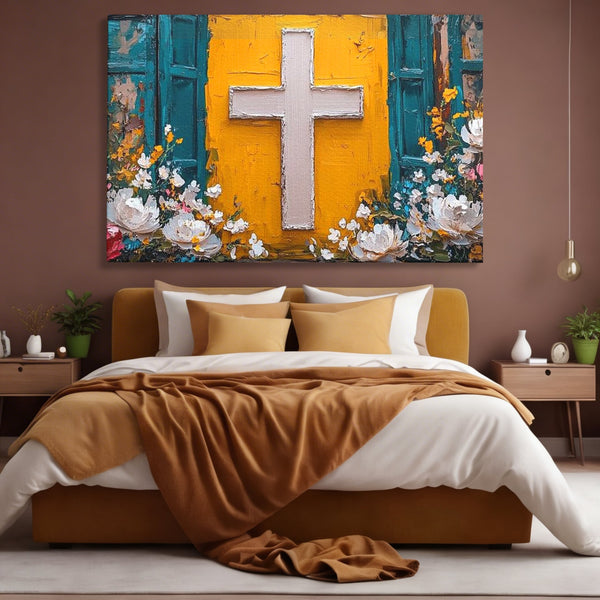 Tablou Canvas Premium LuxCanva® H1057, Evlavie Florala, Credinta, Cruce, Flori, Gradina, Lumina, Rasarit, Speranta, Puritate, Spiritualitate, Simbol Sacru, Living, Dormitor