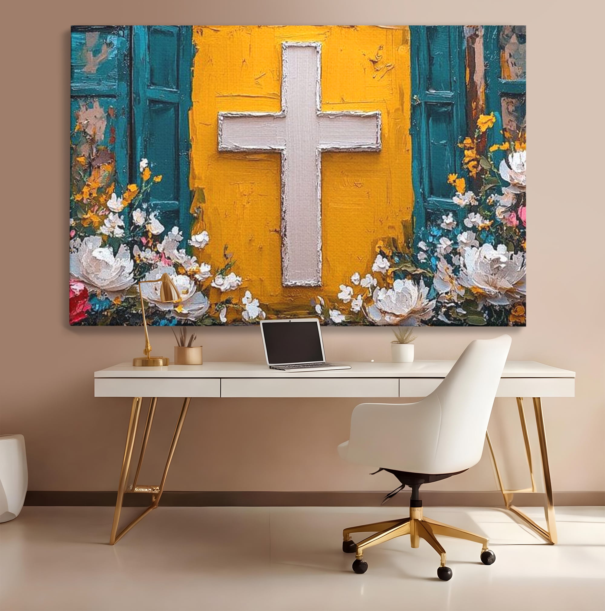 Tablou Canvas Premium LuxCanva® H1057, Evlavie Florala, Credinta, Cruce, Flori, Gradina, Lumina, Rasarit, Speranta, Puritate, Spiritualitate, Simbol Sacru, Living, Dormitor