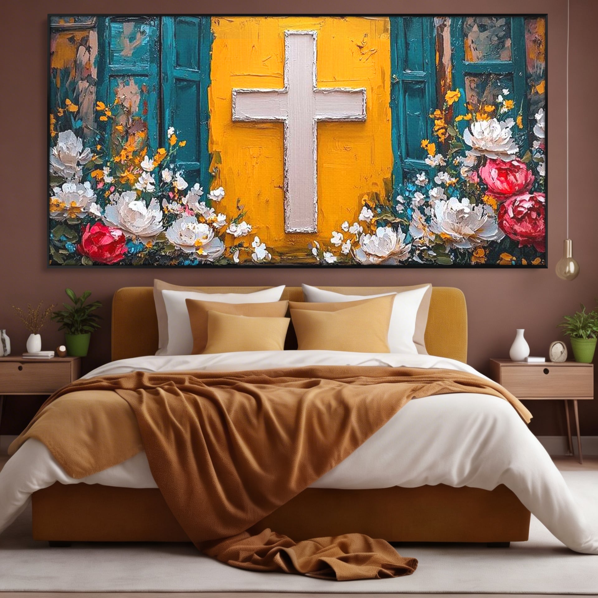 Tablou Canvas Premium LuxCanva® H1057, Evlavie Florala, Credinta, Cruce, Flori, Gradina, Lumina, Rasarit, Speranta, Puritate, Spiritualitate, Simbol Sacru, Living, Dormitor