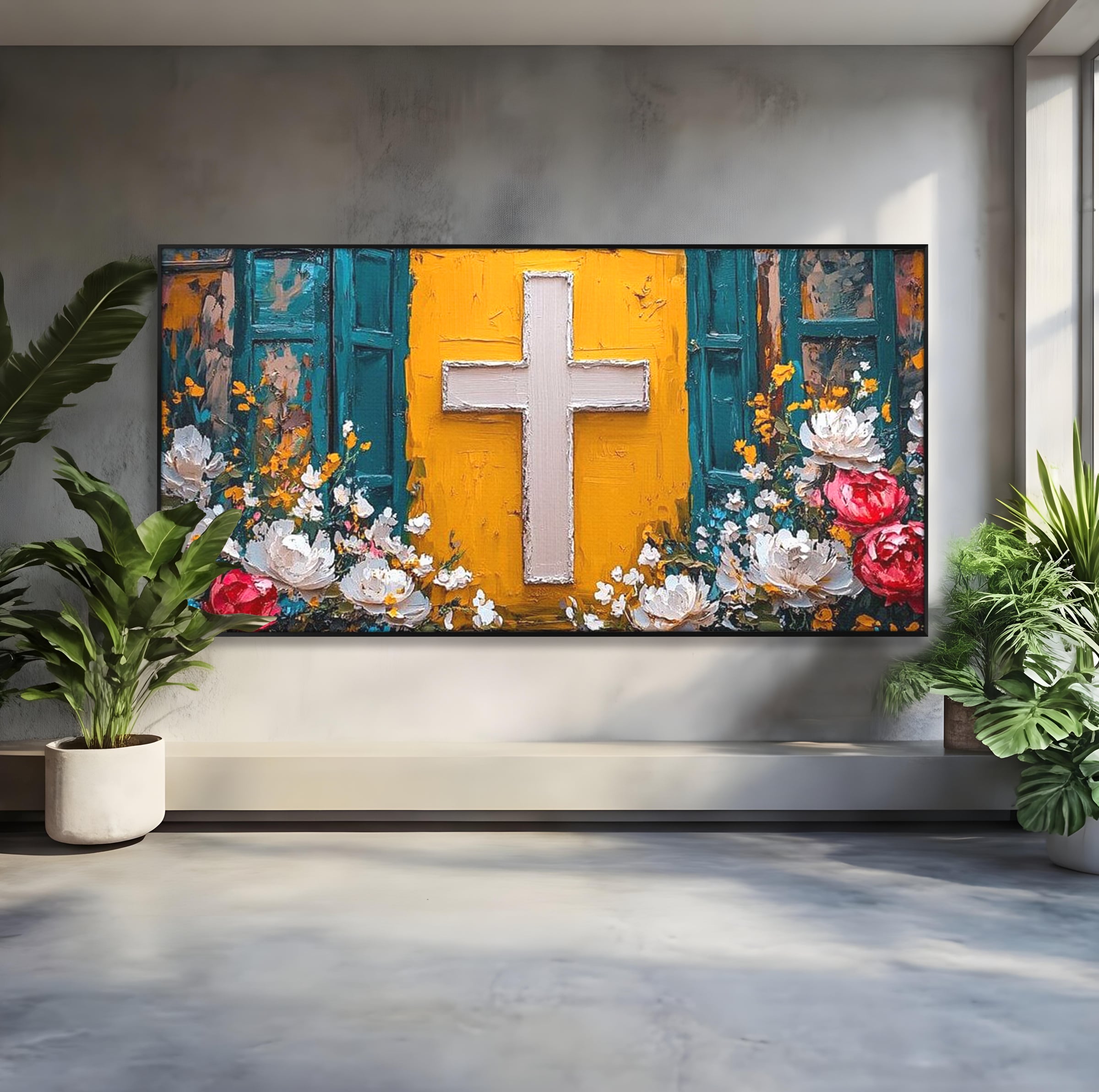 Tablou Canvas Premium LuxCanva® H1057, Evlavie Florala, Credinta, Cruce, Flori, Gradina, Lumina, Rasarit, Speranta, Puritate, Spiritualitate, Simbol Sacru, Living, Dormitor