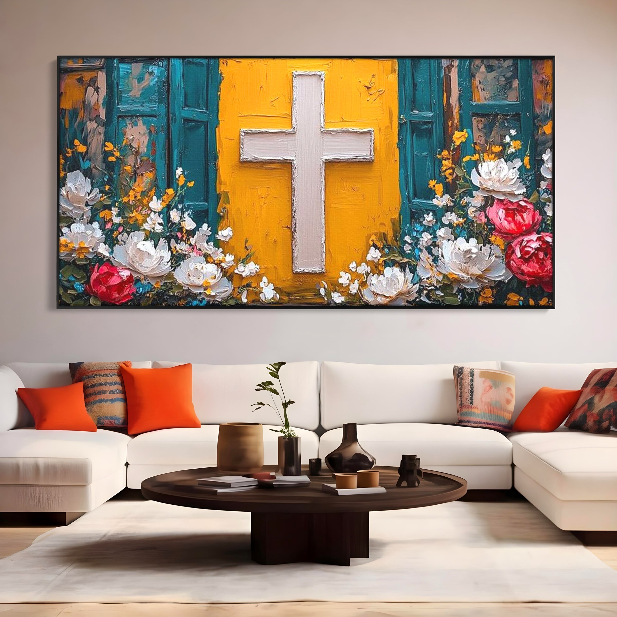 Tablou Canvas Premium LuxCanva® H1057, Evlavie Florala, Credinta, Cruce, Flori, Gradina, Lumina, Rasarit, Speranta, Puritate, Spiritualitate, Simbol Sacru, Living, Dormitor