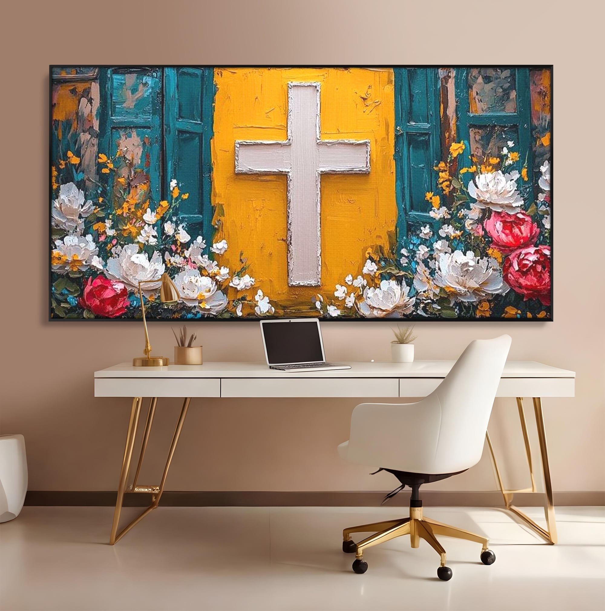 Tablou Canvas Premium LuxCanva® H1057, Evlavie Florala, Credinta, Cruce, Flori, Gradina, Lumina, Rasarit, Speranta, Puritate, Spiritualitate, Simbol Sacru, Living, Dormitor