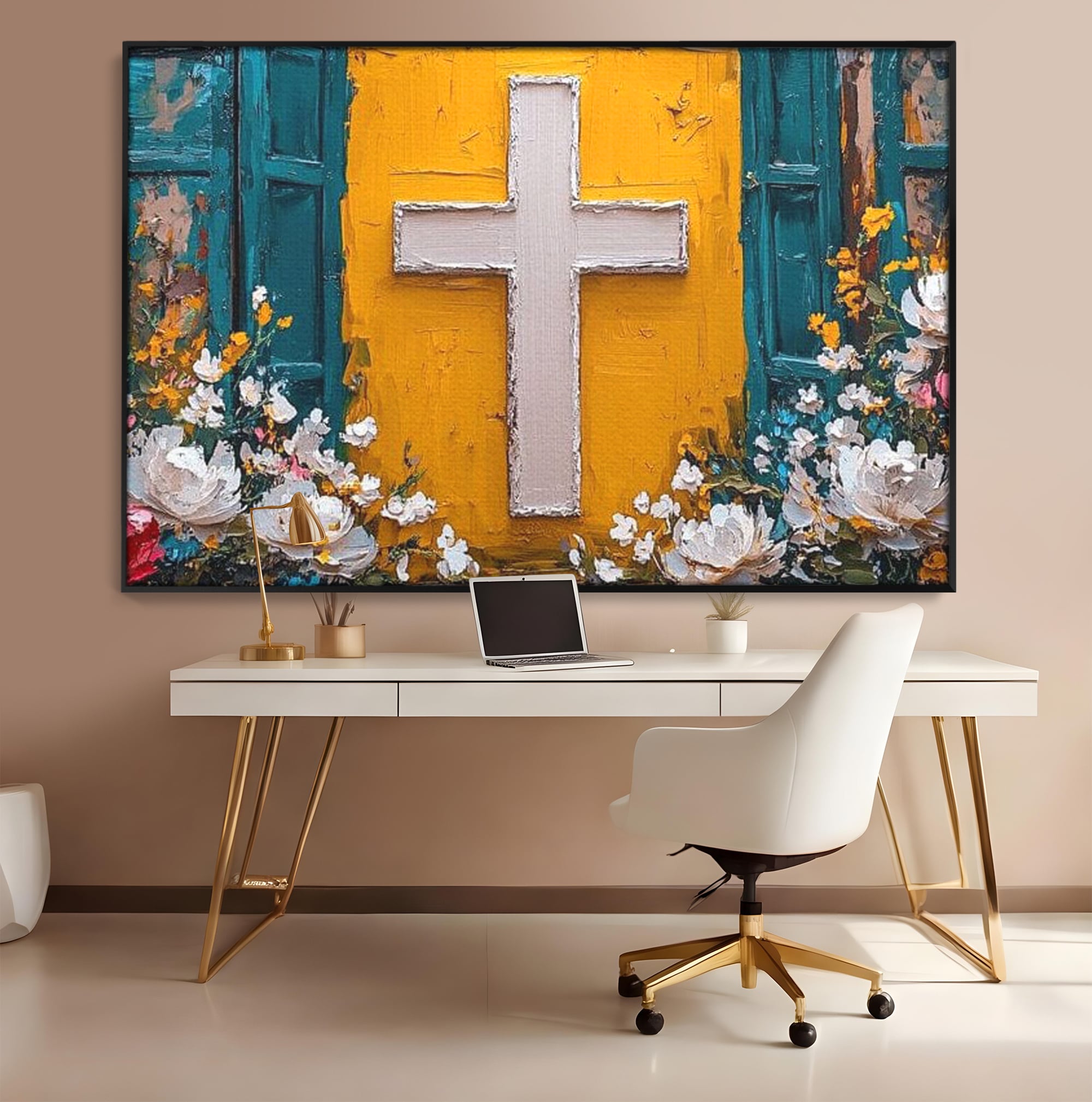 Tablou Canvas Premium LuxCanva® H1057, Evlavie Florala, Credinta, Cruce, Flori, Gradina, Lumina, Rasarit, Speranta, Puritate, Spiritualitate, Simbol Sacru, Living, Dormitor