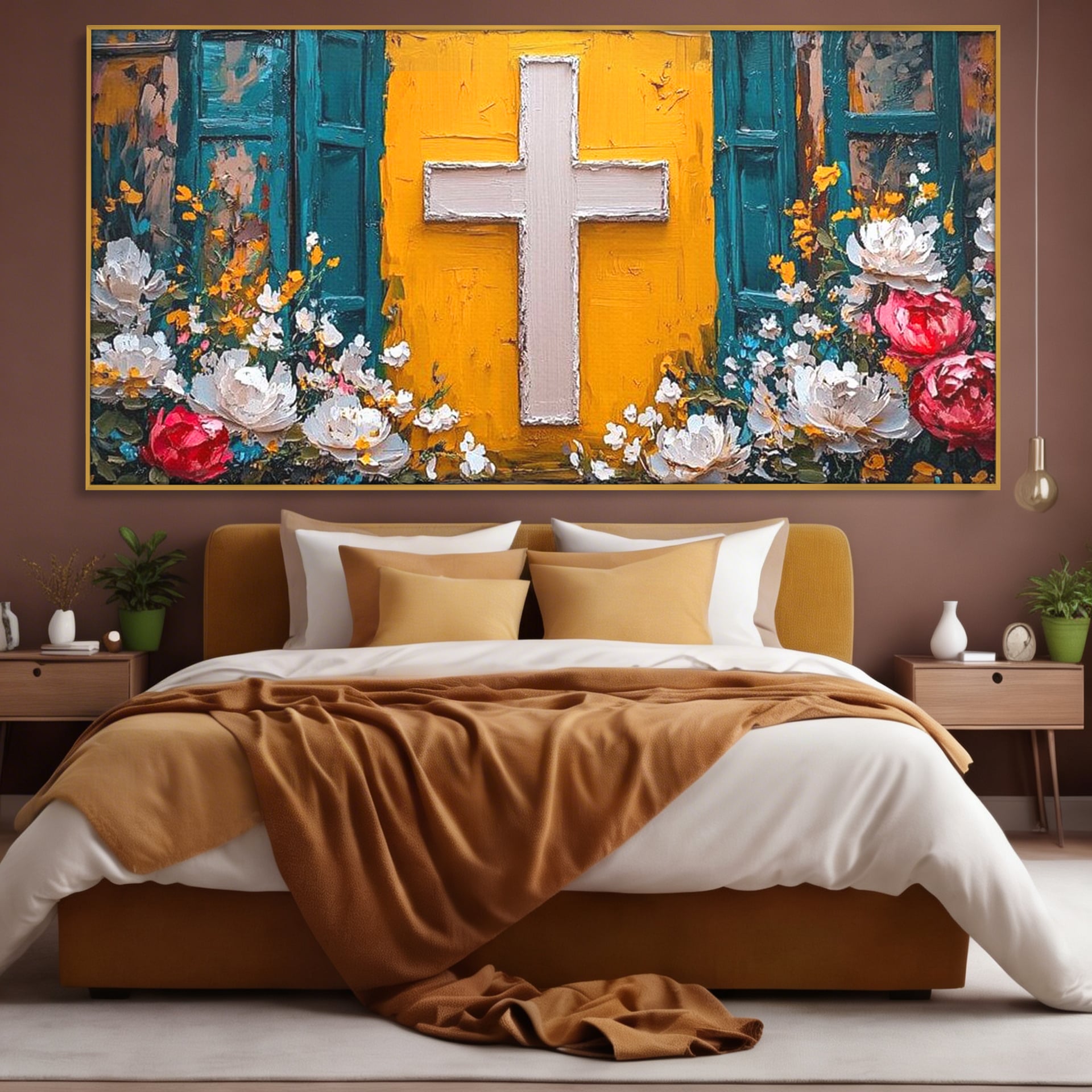 Tablou Canvas Premium LuxCanva® H1057, Evlavie Florala, Credinta, Cruce, Flori, Gradina, Lumina, Rasarit, Speranta, Puritate, Spiritualitate, Simbol Sacru, Living, Dormitor