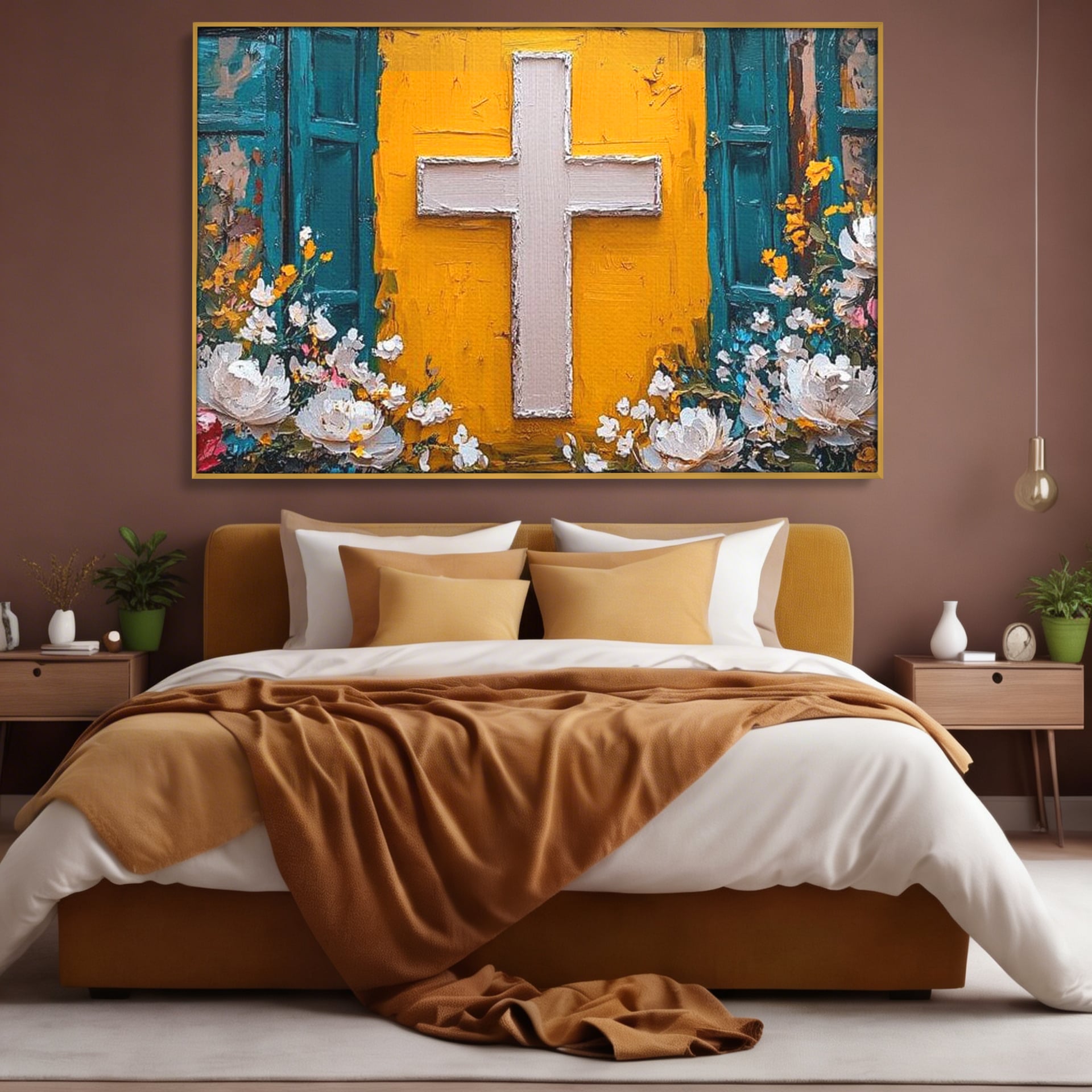 Tablou Canvas Premium LuxCanva® H1057, Evlavie Florala, Credinta, Cruce, Flori, Gradina, Lumina, Rasarit, Speranta, Puritate, Spiritualitate, Simbol Sacru, Living, Dormitor