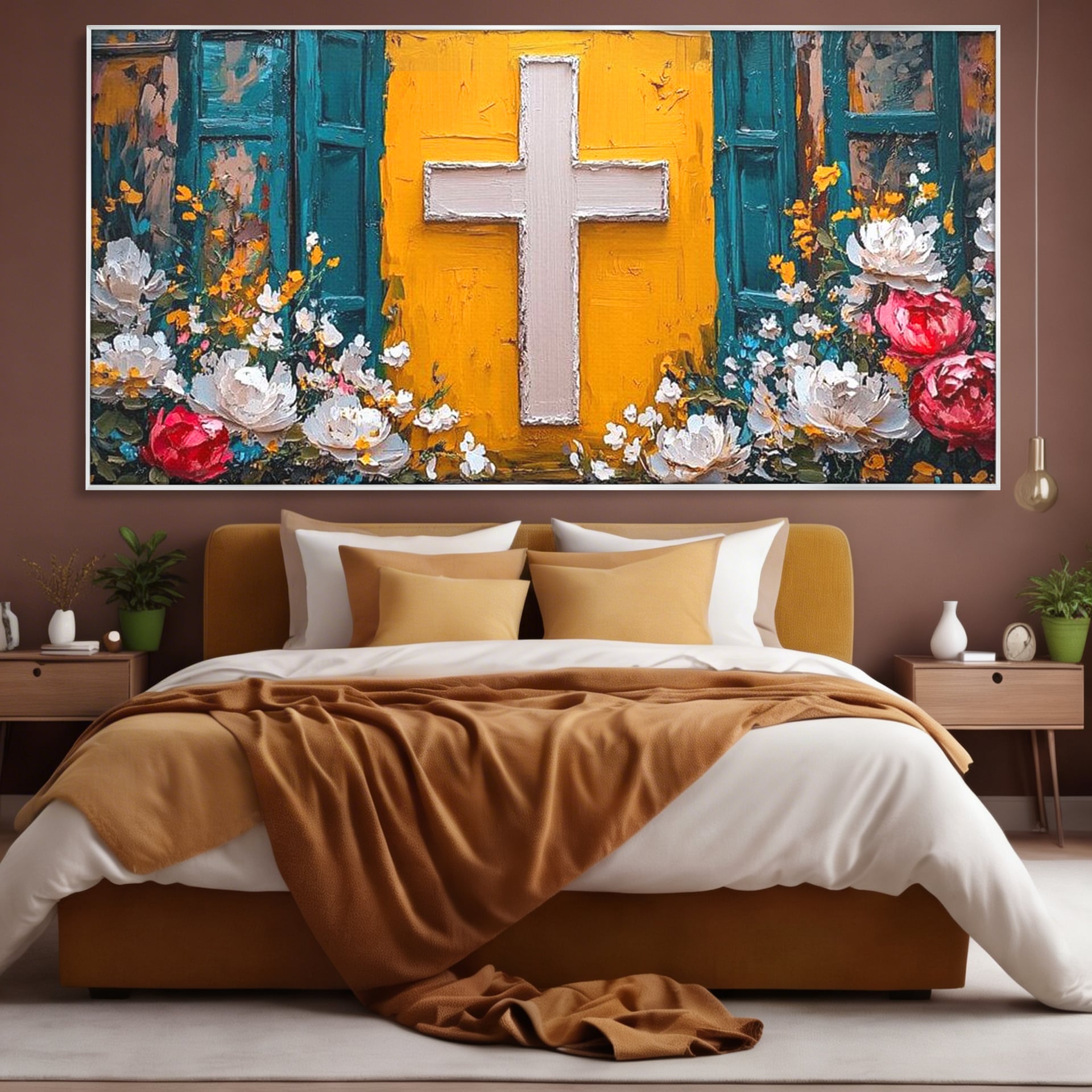 Tablou Canvas Premium LuxCanva® H1057, Evlavie Florala, Credinta, Cruce, Flori, Gradina, Lumina, Rasarit, Speranta, Puritate, Spiritualitate, Simbol Sacru, Living, Dormitor
