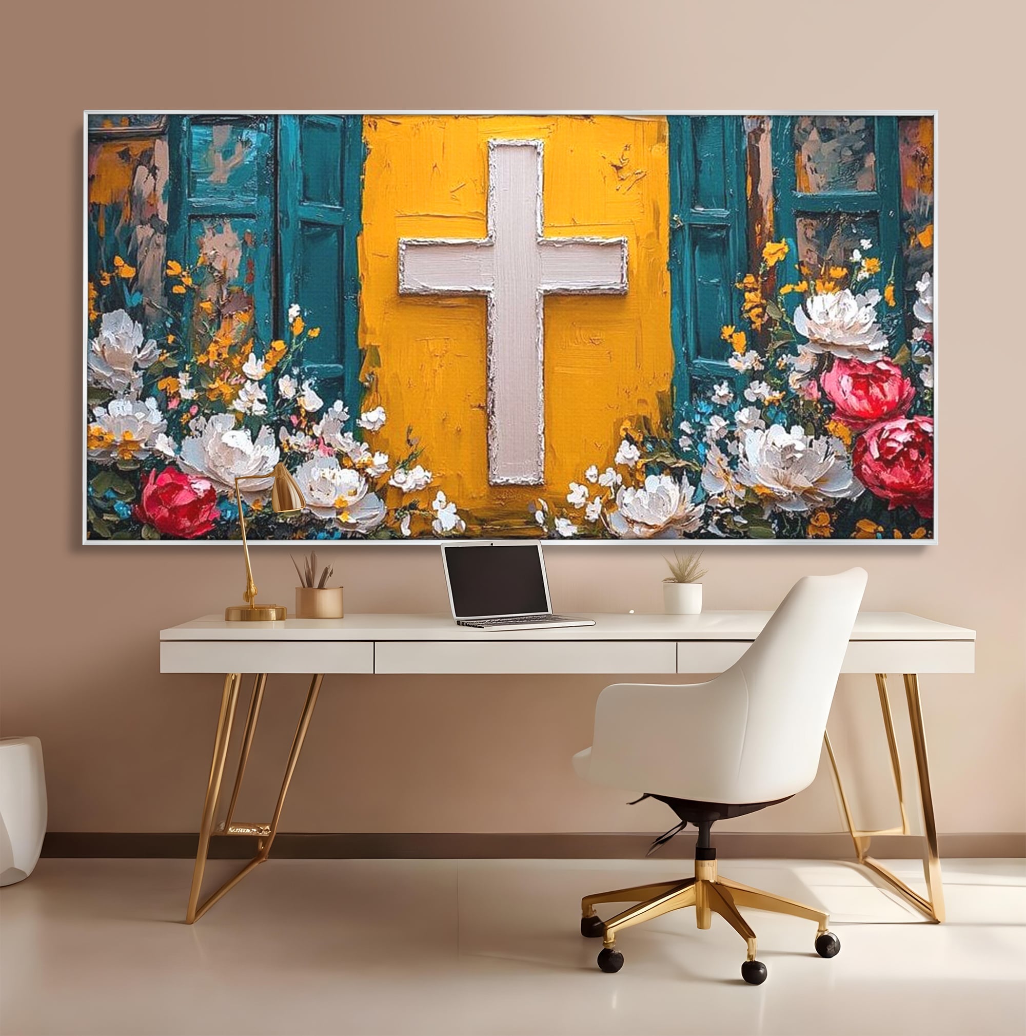 Tablou Canvas Premium LuxCanva® H1057, Evlavie Florala, Credinta, Cruce, Flori, Gradina, Lumina, Rasarit, Speranta, Puritate, Spiritualitate, Simbol Sacru, Living, Dormitor