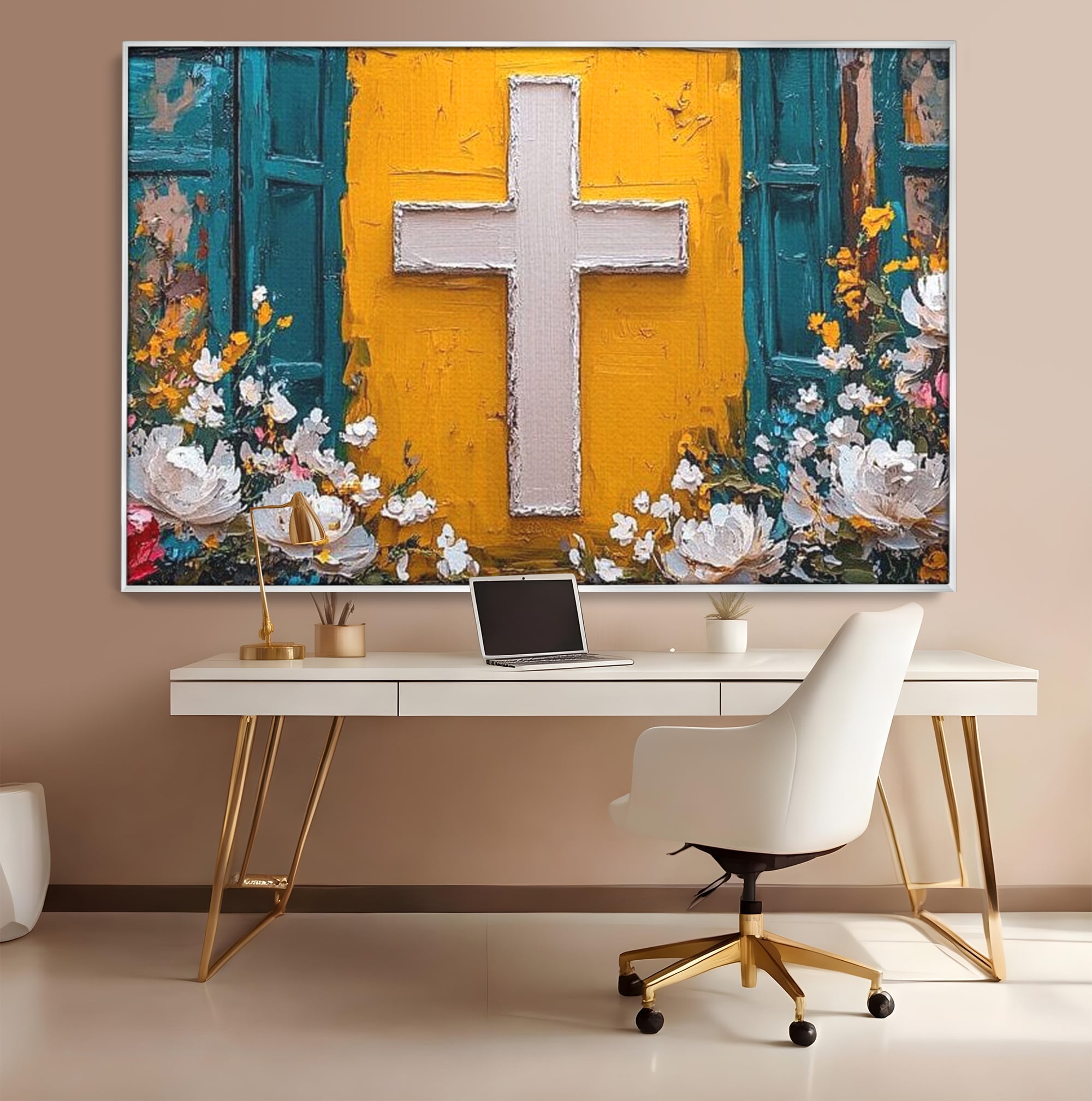 Tablou Canvas Premium LuxCanva® H1057, Evlavie Florala, Credinta, Cruce, Flori, Gradina, Lumina, Rasarit, Speranta, Puritate, Spiritualitate, Simbol Sacru, Living, Dormitor