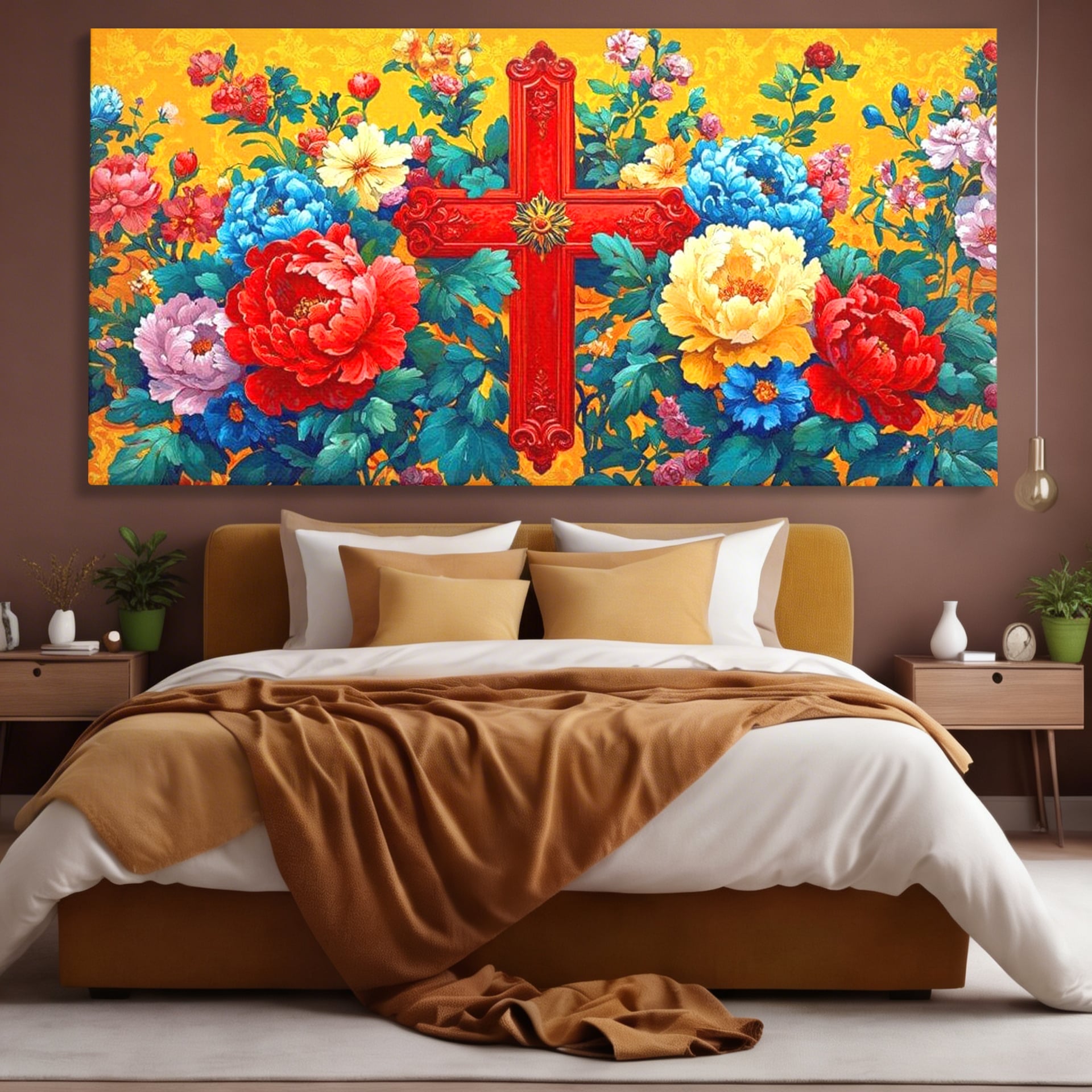 Tablou Canvas Premium LuxCanva® H1058, Credinta Vie, Credinta, Cruce, Flori, Gradina, Lumina, Rasarit, Speranta, Puritate, Spiritualitate, Simbol Sacru, Living, Dormitor