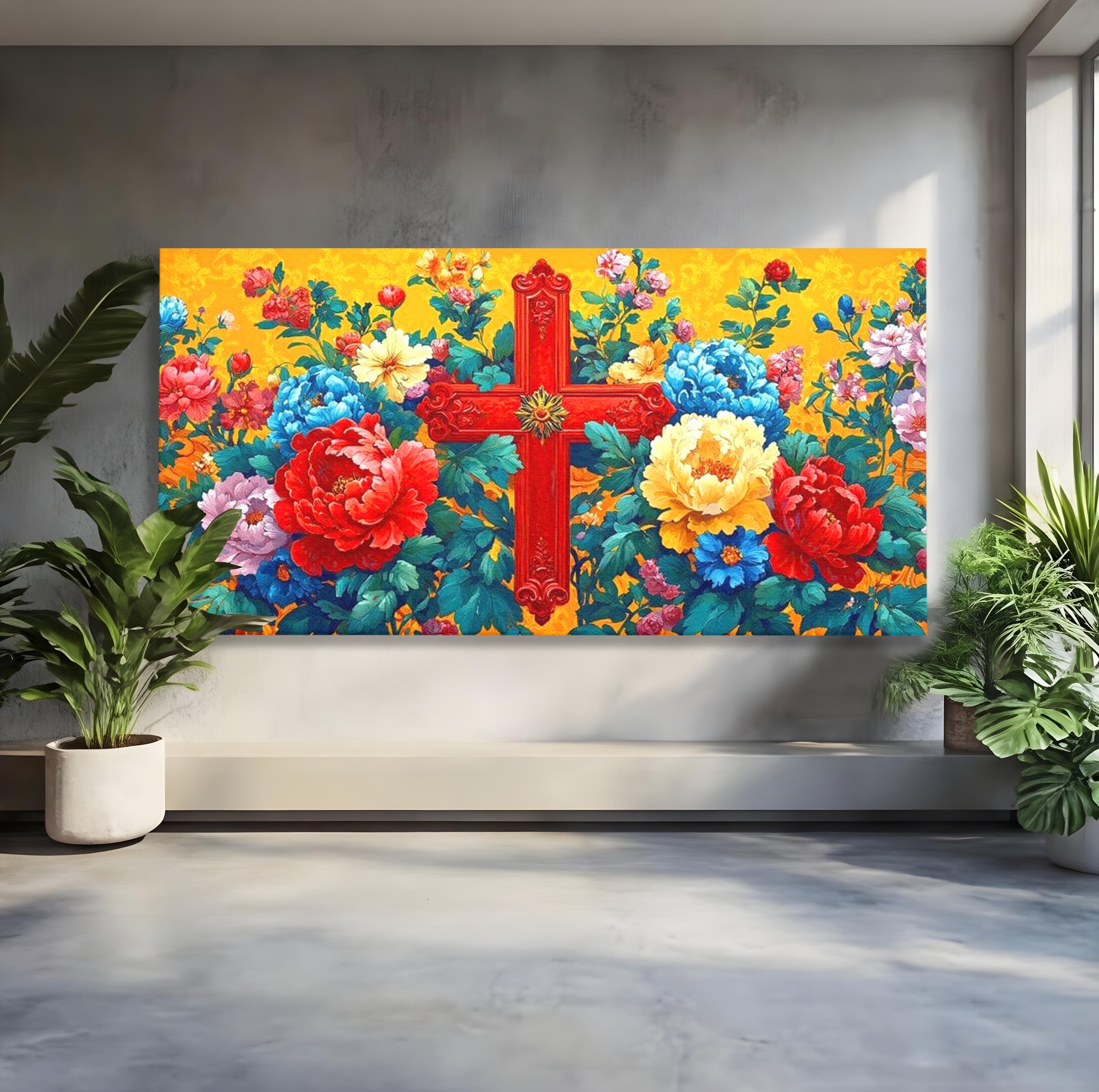 Tablou Canvas Premium LuxCanva® H1058, Credinta Vie, Credinta, Cruce, Flori, Gradina, Lumina, Rasarit, Speranta, Puritate, Spiritualitate, Simbol Sacru, Living, Dormitor