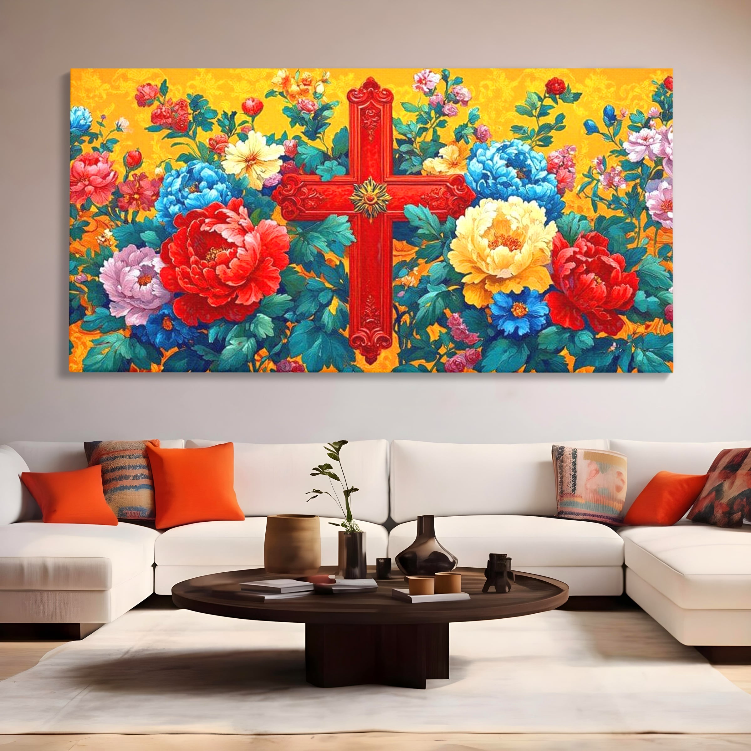 Tablou Canvas Premium LuxCanva® H1058, Credinta Vie, Credinta, Cruce, Flori, Gradina, Lumina, Rasarit, Speranta, Puritate, Spiritualitate, Simbol Sacru, Living, Dormitor