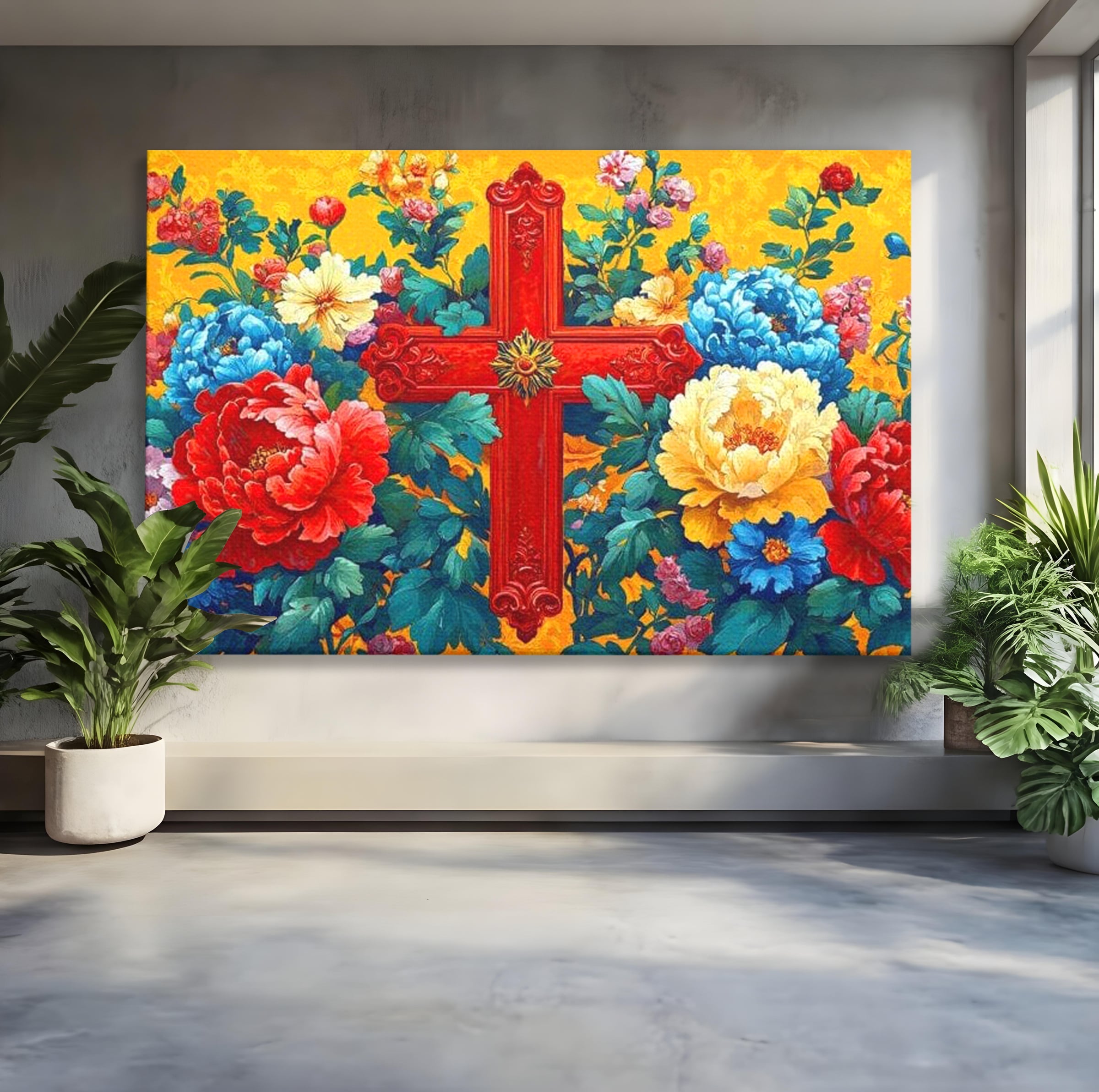 Tablou Canvas Premium LuxCanva® H1058, Credinta Vie, Credinta, Cruce, Flori, Gradina, Lumina, Rasarit, Speranta, Puritate, Spiritualitate, Simbol Sacru, Living, Dormitor