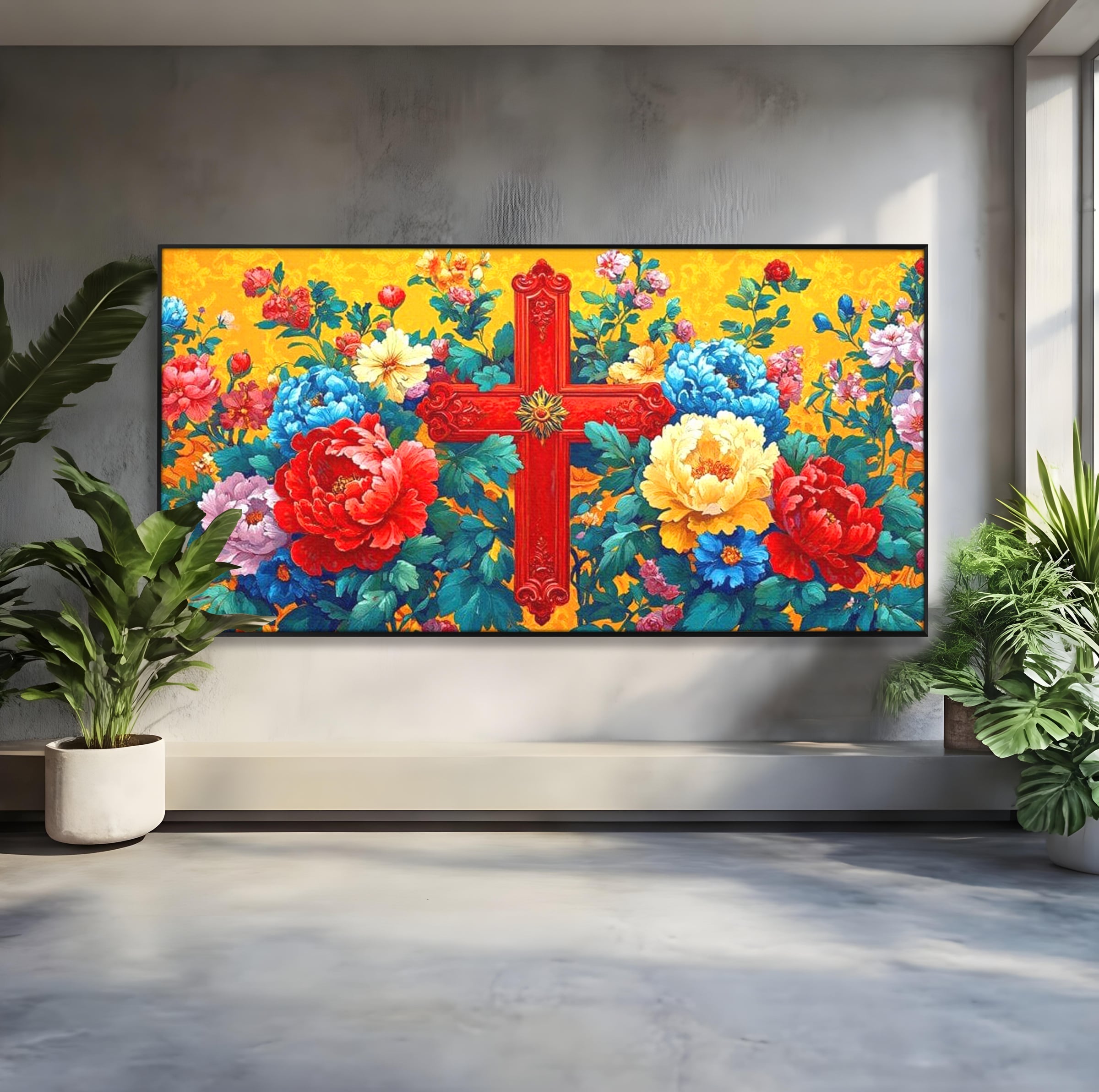 Tablou Canvas Premium LuxCanva® H1058, Credinta Vie, Credinta, Cruce, Flori, Gradina, Lumina, Rasarit, Speranta, Puritate, Spiritualitate, Simbol Sacru, Living, Dormitor