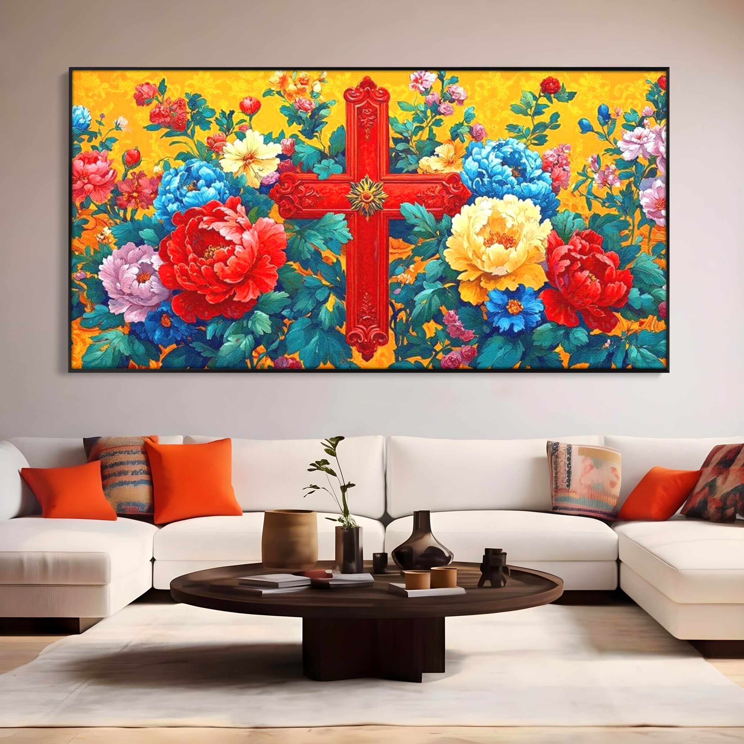 Tablou Canvas Premium LuxCanva® H1058, Credinta Vie, Credinta, Cruce, Flori, Gradina, Lumina, Rasarit, Speranta, Puritate, Spiritualitate, Simbol Sacru, Living, Dormitor