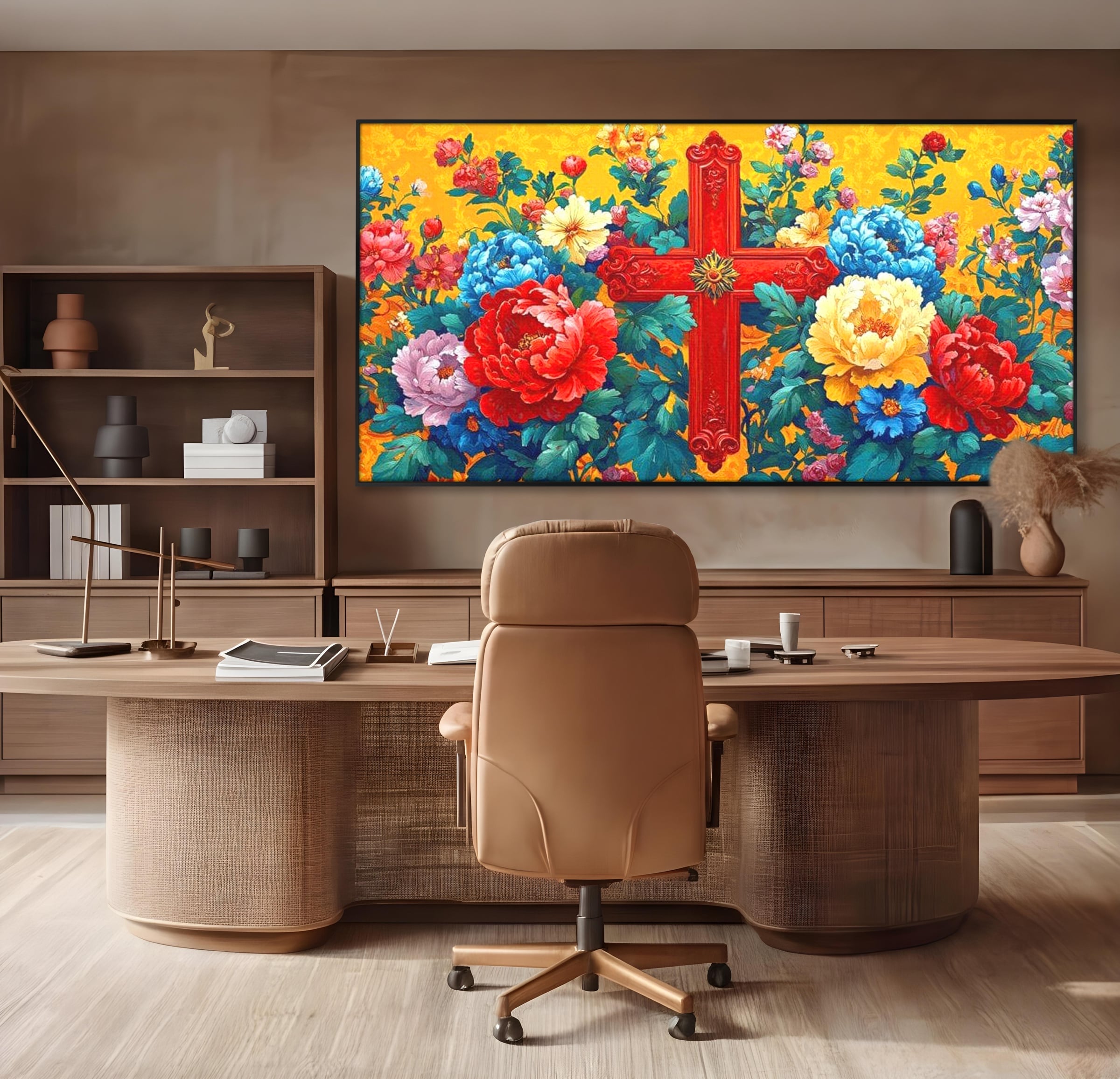 Tablou Canvas Premium LuxCanva® H1058, Credinta Vie, Credinta, Cruce, Flori, Gradina, Lumina, Rasarit, Speranta, Puritate, Spiritualitate, Simbol Sacru, Living, Dormitor