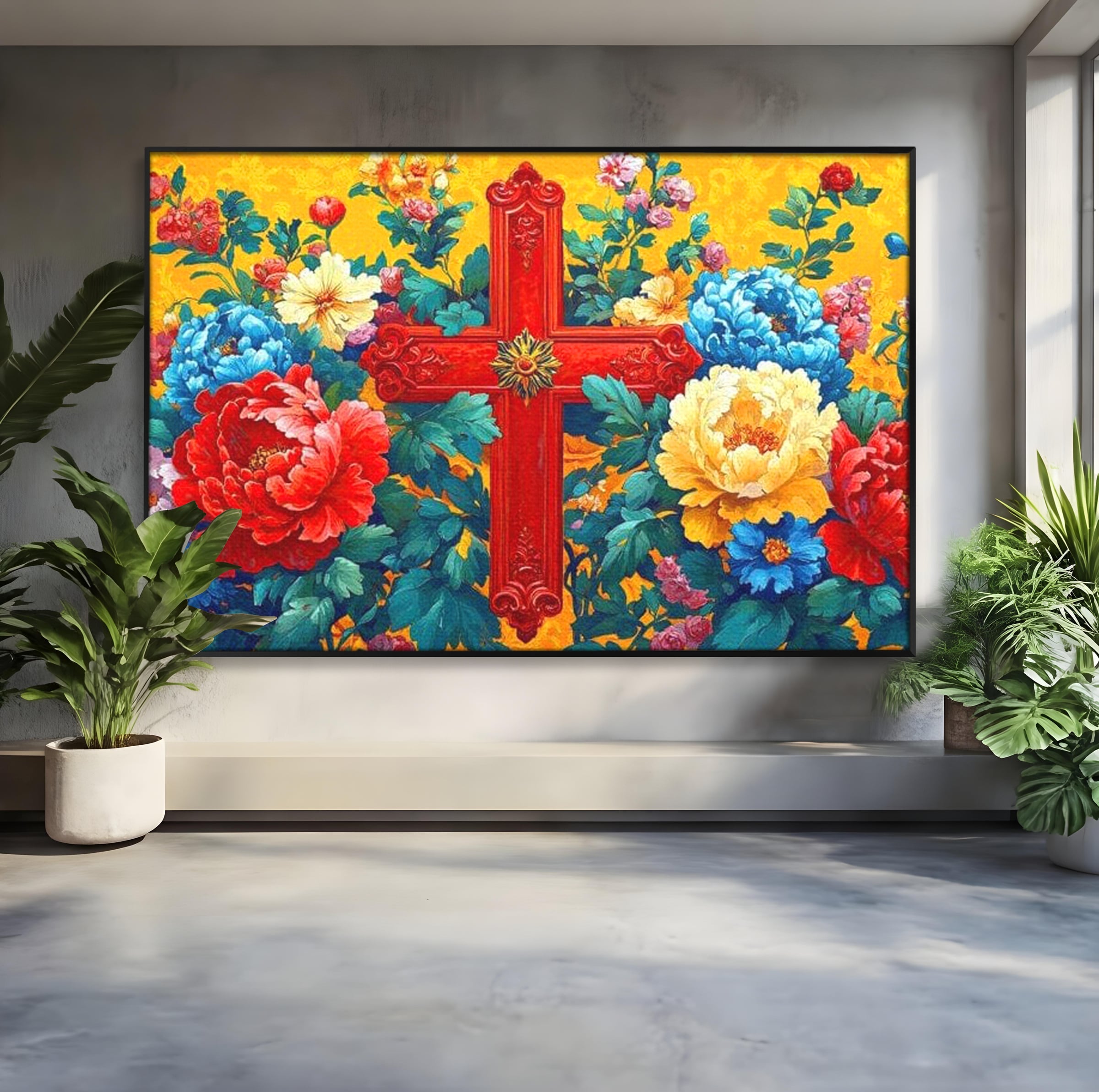 Tablou Canvas Premium LuxCanva® H1058, Credinta Vie, Credinta, Cruce, Flori, Gradina, Lumina, Rasarit, Speranta, Puritate, Spiritualitate, Simbol Sacru, Living, Dormitor