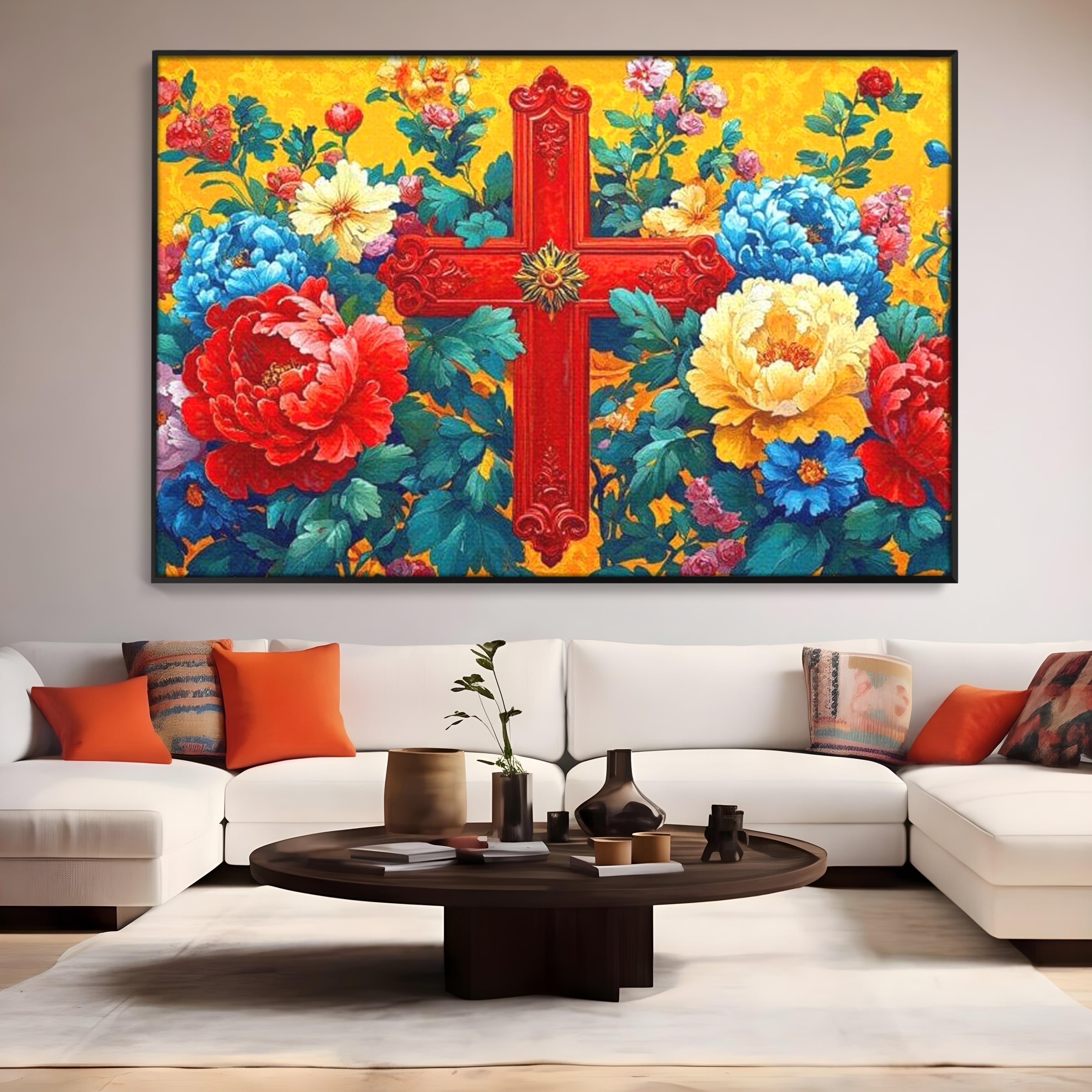 Tablou Canvas Premium LuxCanva® H1058, Credinta Vie, Credinta, Cruce, Flori, Gradina, Lumina, Rasarit, Speranta, Puritate, Spiritualitate, Simbol Sacru, Living, Dormitor