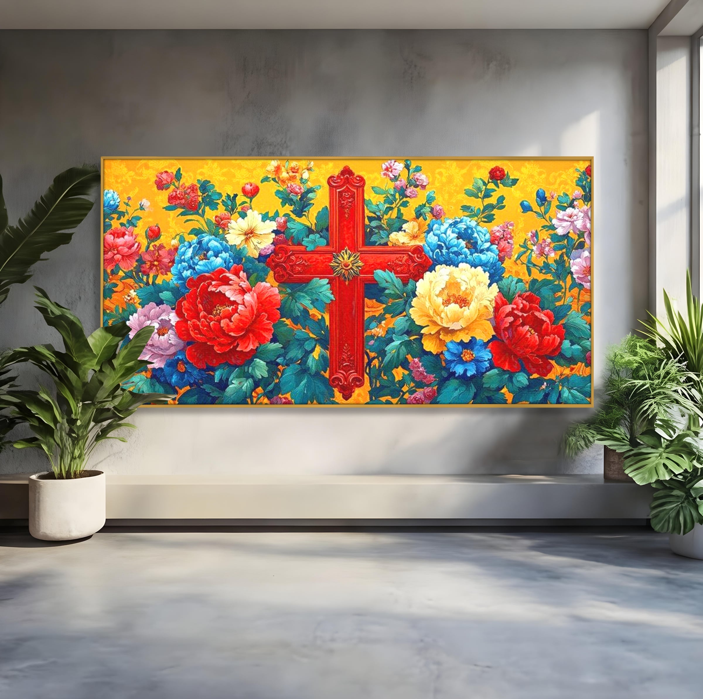 Tablou Canvas Premium LuxCanva® H1058, Credinta Vie, Credinta, Cruce, Flori, Gradina, Lumina, Rasarit, Speranta, Puritate, Spiritualitate, Simbol Sacru, Living, Dormitor