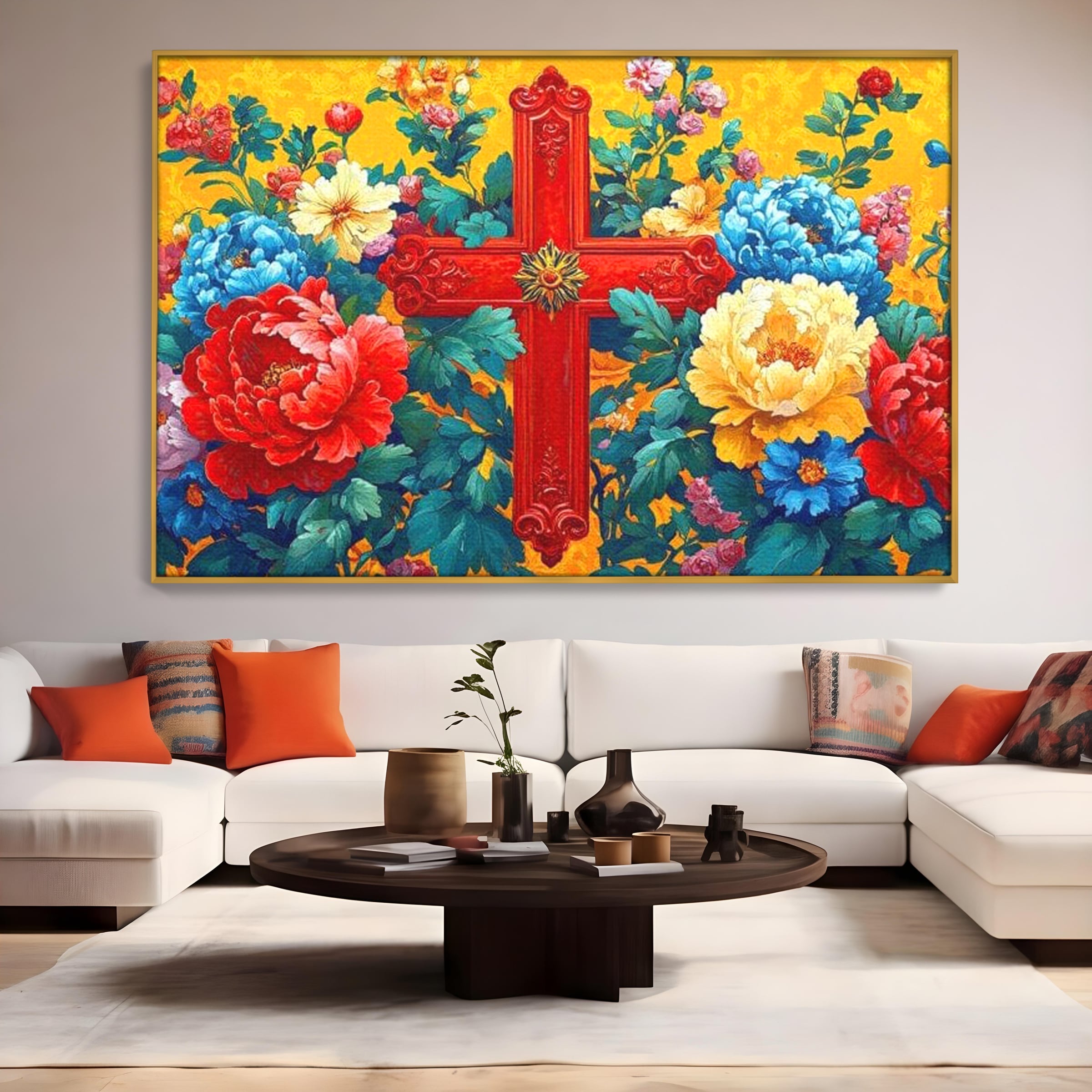 Tablou Canvas Premium LuxCanva® H1058, Credinta Vie, Credinta, Cruce, Flori, Gradina, Lumina, Rasarit, Speranta, Puritate, Spiritualitate, Simbol Sacru, Living, Dormitor