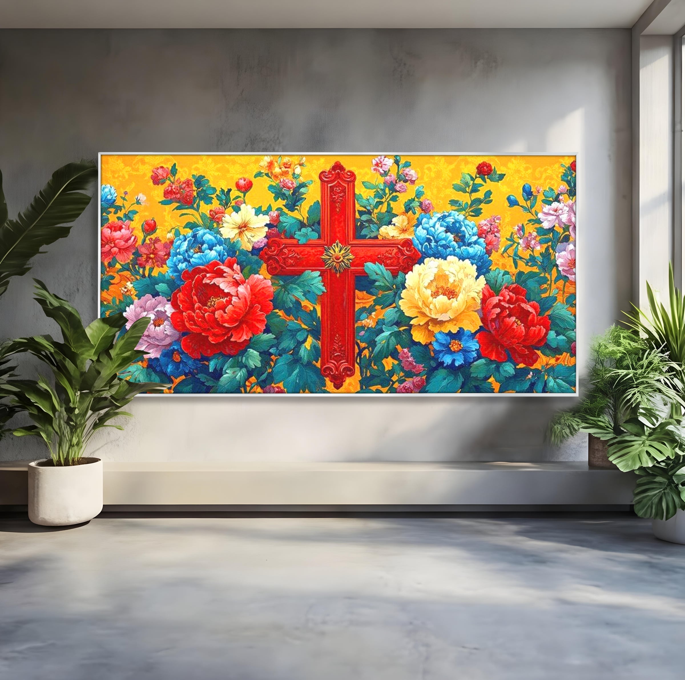 Tablou Canvas Premium LuxCanva® H1058, Credinta Vie, Credinta, Cruce, Flori, Gradina, Lumina, Rasarit, Speranta, Puritate, Spiritualitate, Simbol Sacru, Living, Dormitor