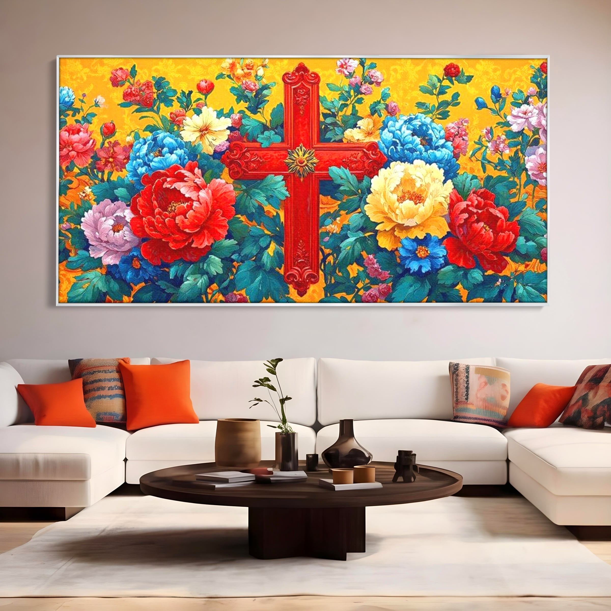 Tablou Canvas Premium LuxCanva® H1058, Credinta Vie, Credinta, Cruce, Flori, Gradina, Lumina, Rasarit, Speranta, Puritate, Spiritualitate, Simbol Sacru, Living, Dormitor