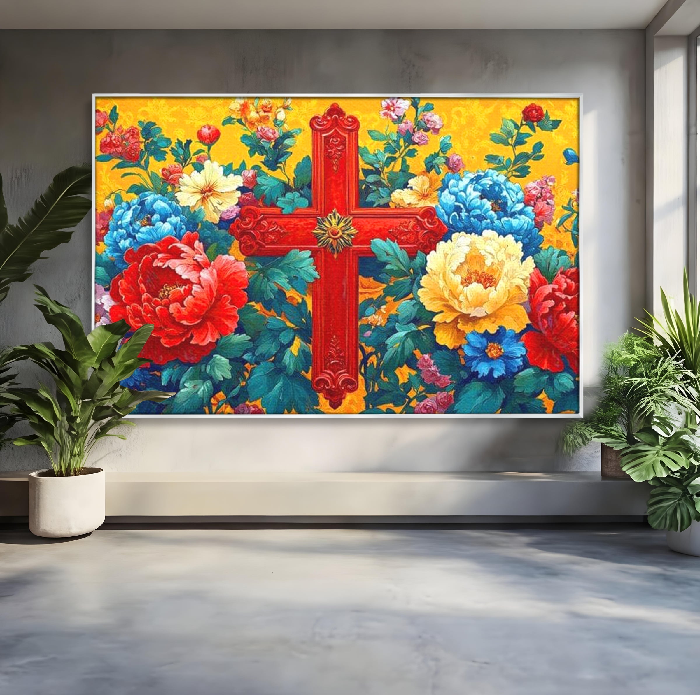 Tablou Canvas Premium LuxCanva® H1058, Credinta Vie, Credinta, Cruce, Flori, Gradina, Lumina, Rasarit, Speranta, Puritate, Spiritualitate, Simbol Sacru, Living, Dormitor