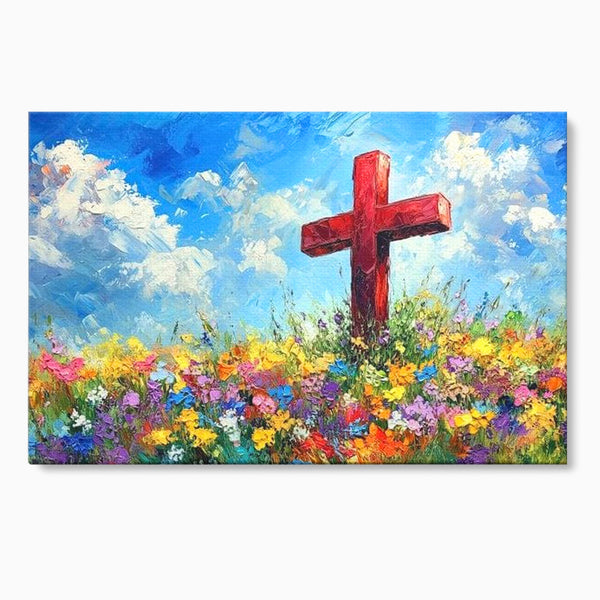 Tablou Canvas Premium LuxCanva® H1059, Gradina Raiului, Credinta, Cruce, Flori, Gradina, Lumina, Rasarit, Speranta, Puritate, Spiritualitate, Simbol Sacru, Living, Dormitor