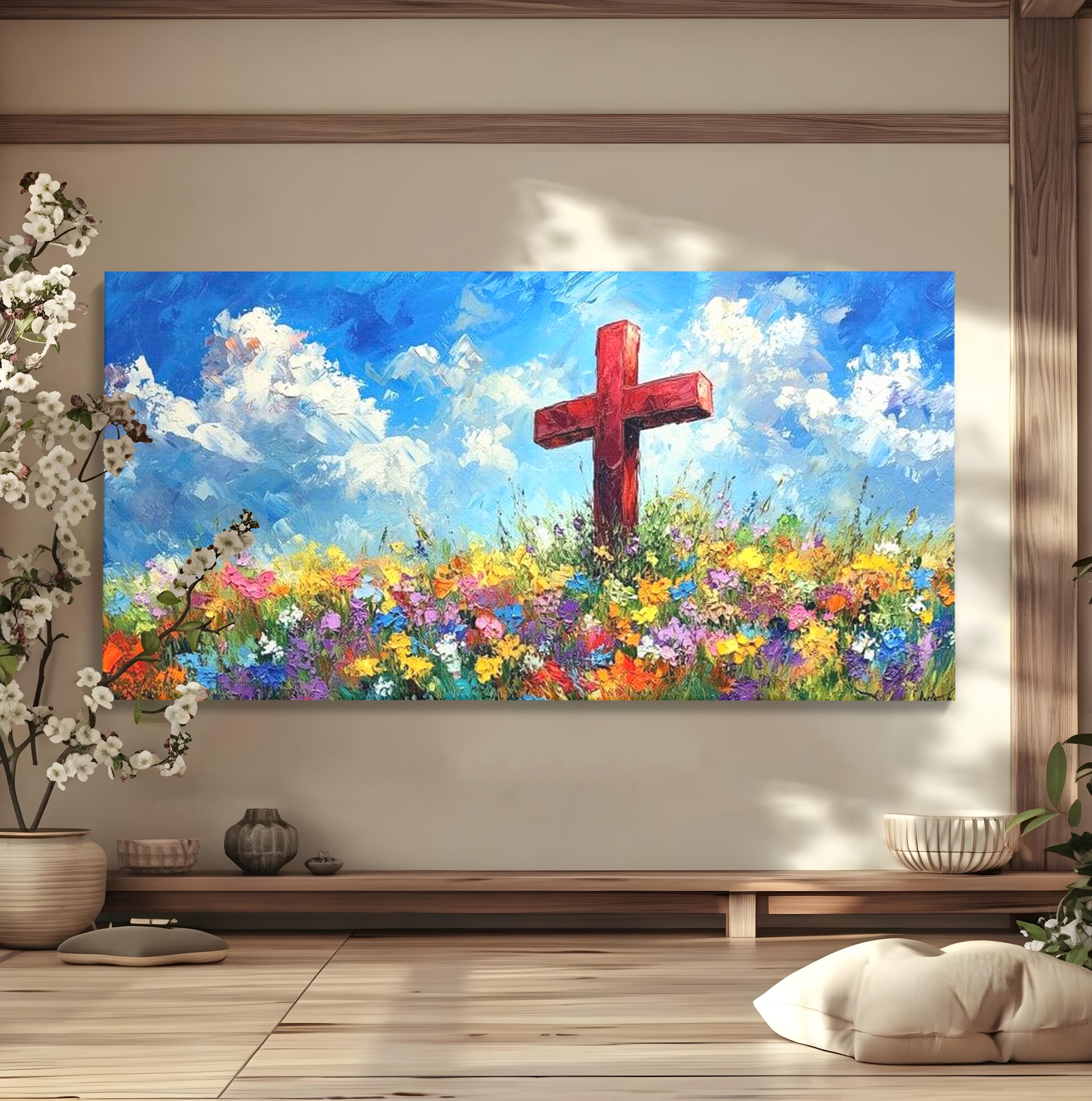 Tablou Canvas Premium LuxCanva® H1059, Gradina Raiului, Credinta, Cruce, Flori, Gradina, Lumina, Rasarit, Speranta, Puritate, Spiritualitate, Simbol Sacru, Living, Dormitor