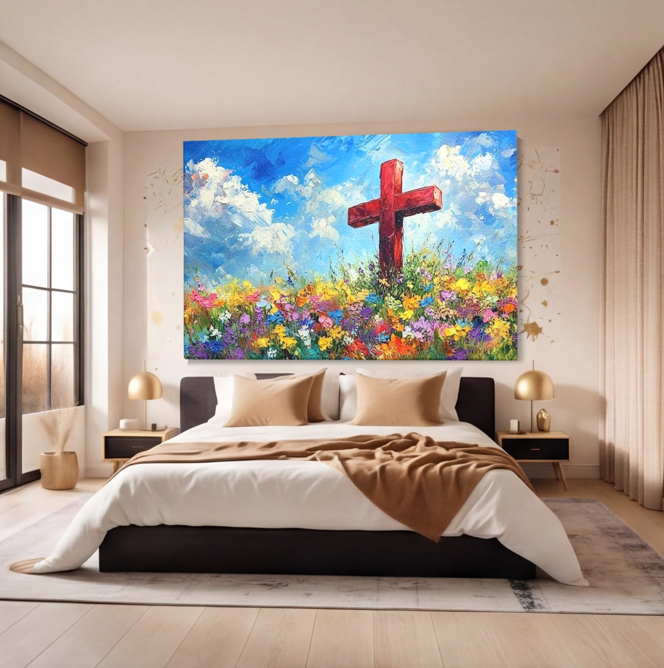 Tablou Canvas Premium LuxCanva® H1059, Gradina Raiului, Credinta, Cruce, Flori, Gradina, Lumina, Rasarit, Speranta, Puritate, Spiritualitate, Simbol Sacru, Living, Dormitor
