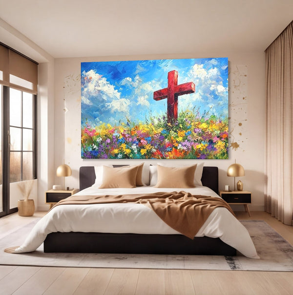 Tablou Canvas Premium LuxCanva® H1059, Gradina Raiului, Credinta, Cruce, Flori, Gradina, Lumina, Rasarit, Speranta, Puritate, Spiritualitate, Simbol Sacru, Living, Dormitor