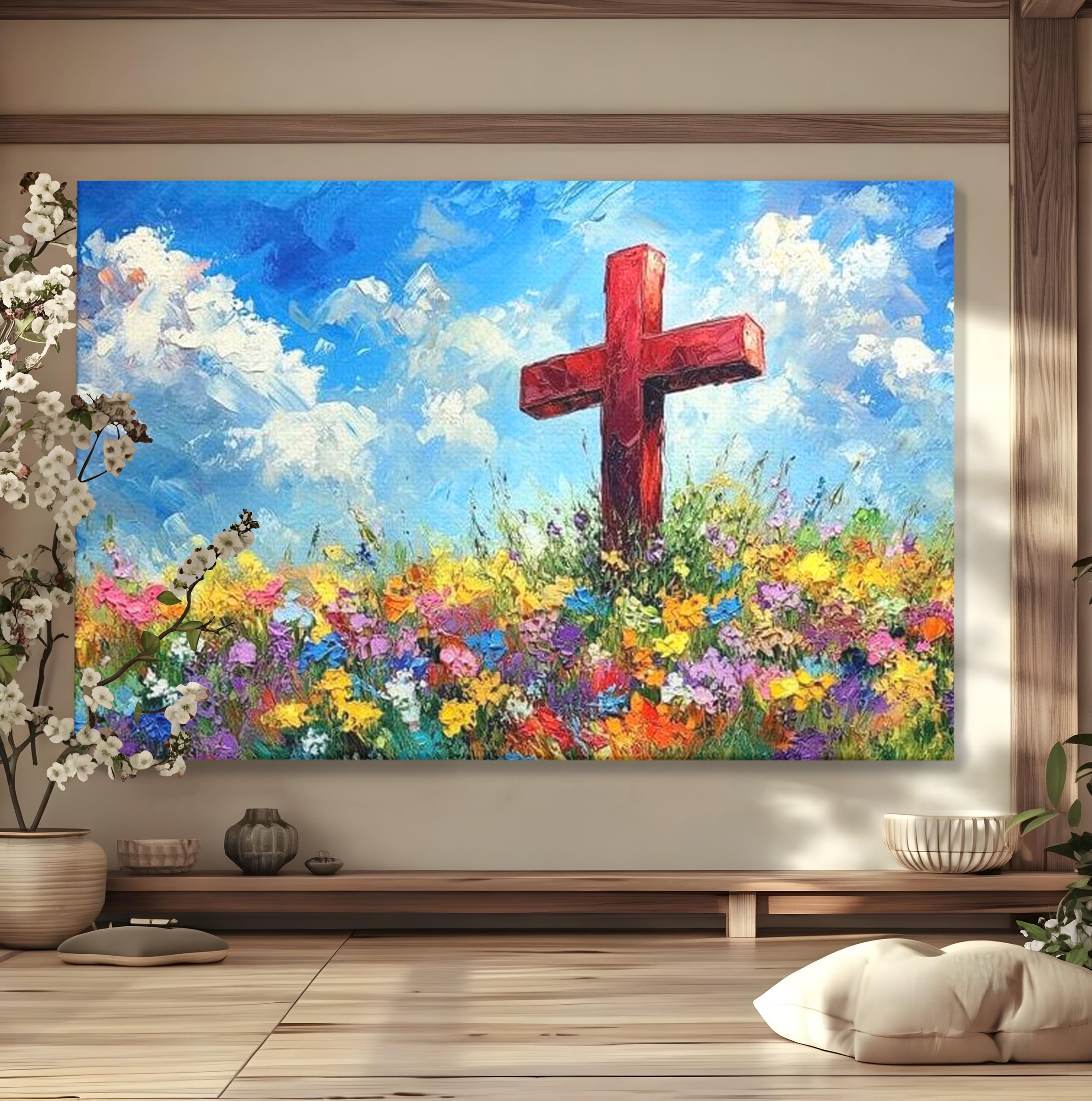 Tablou Canvas Premium LuxCanva® H1059, Gradina Raiului, Credinta, Cruce, Flori, Gradina, Lumina, Rasarit, Speranta, Puritate, Spiritualitate, Simbol Sacru, Living, Dormitor