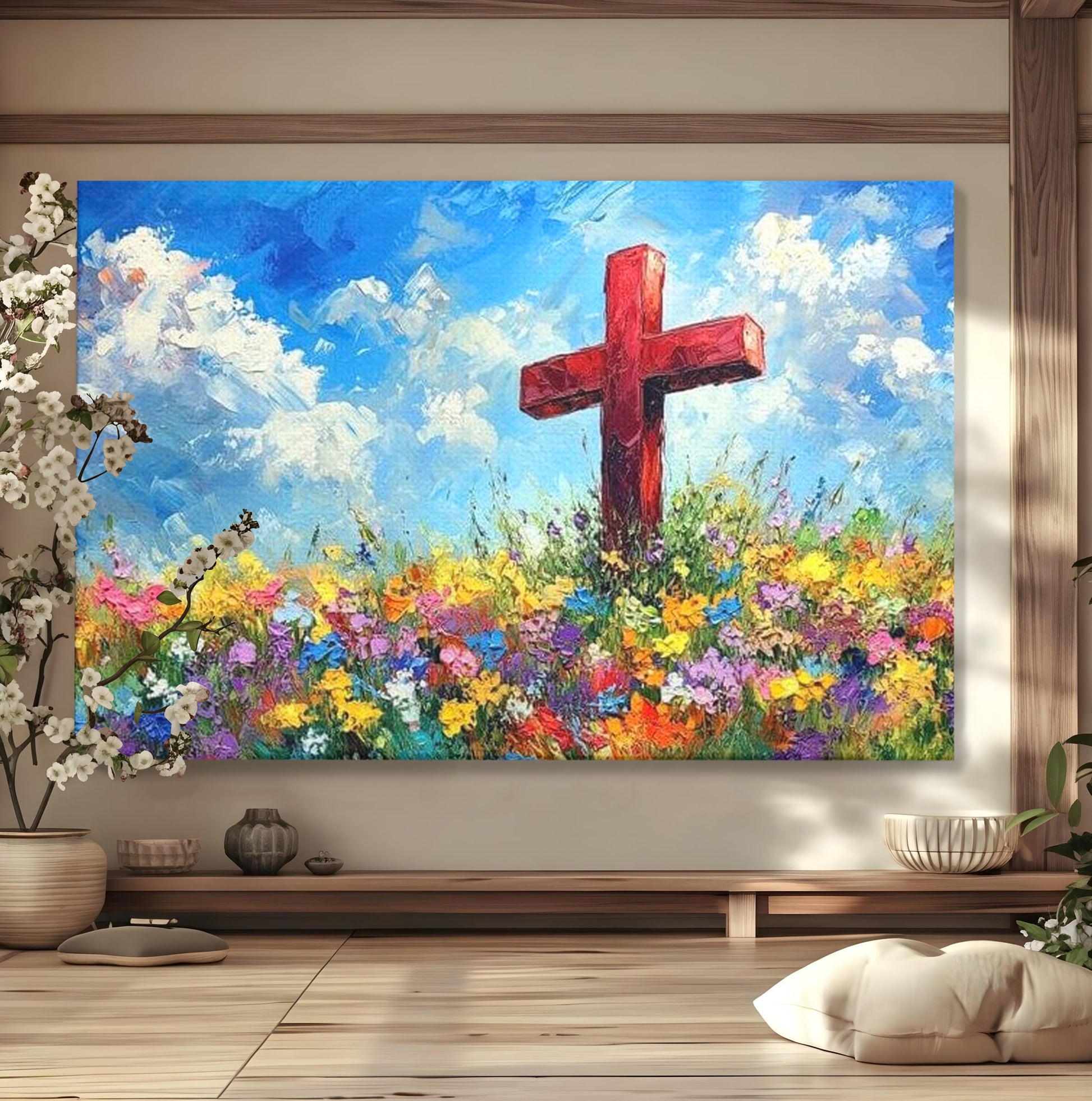 Tablou Canvas Premium LuxCanva® H1059, Gradina Raiului, Credinta, Cruce, Flori, Gradina, Lumina, Rasarit, Speranta, Puritate, Spiritualitate, Simbol Sacru, Living, Dormitor