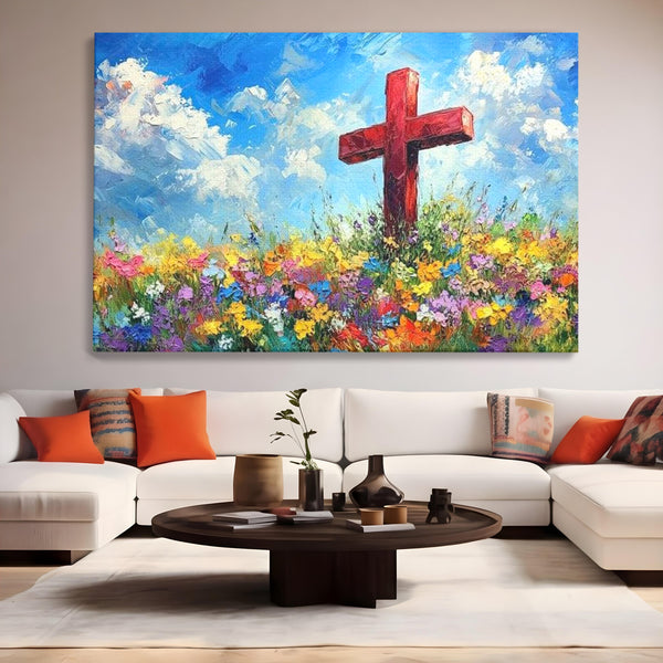 Tablou Canvas Premium LuxCanva® H1059, Gradina Raiului, Credinta, Cruce, Flori, Gradina, Lumina, Rasarit, Speranta, Puritate, Spiritualitate, Simbol Sacru, Living, Dormitor